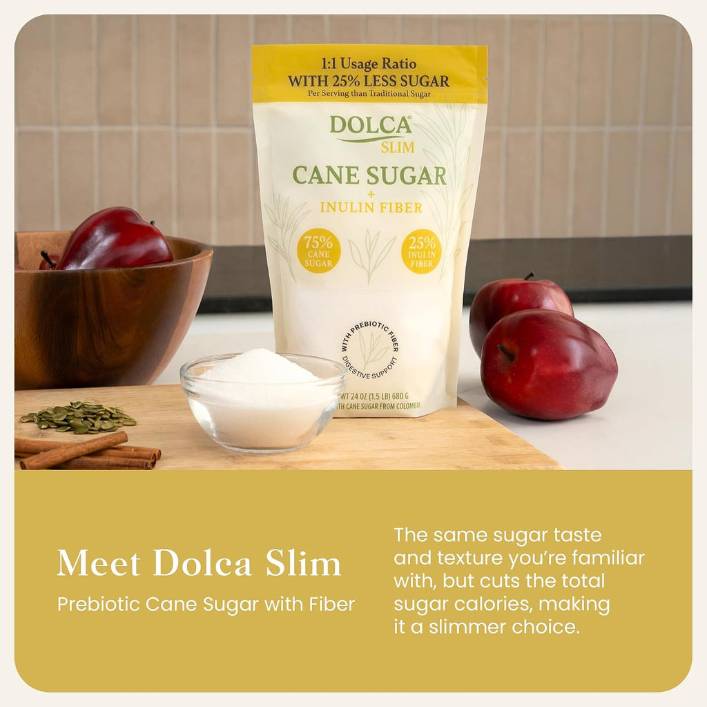 Slim – Prebiotic Cane Sugar with Inulin (Chicory Root) Fiber – 25% Fiber & Fewer Calories per Serving – Same Taste & Texture – 1:1 Sugar Replacement for Coffee, Tea & Baking – Bakes & Browns like Real Sugar – No Artificial Sweeteners or Sugar Alcohols – Simply Smarter