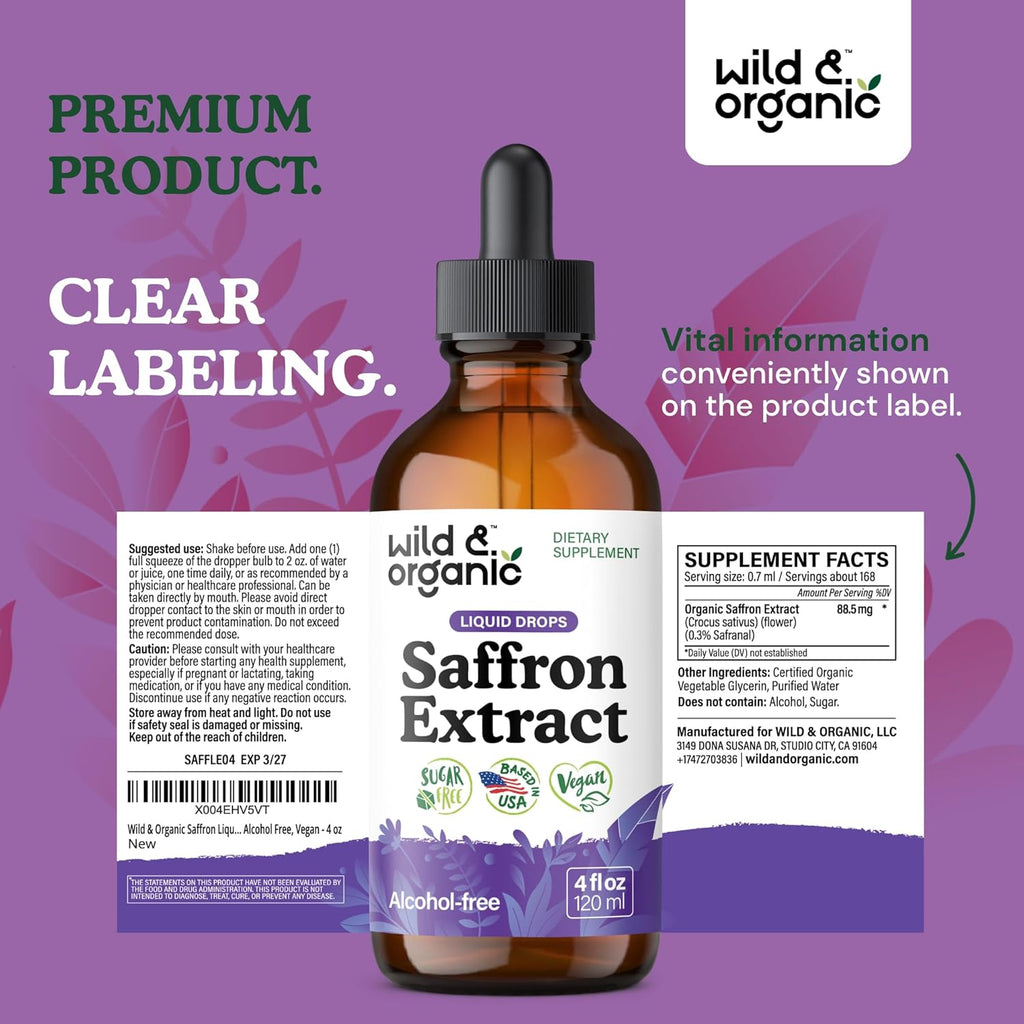 Saffron Supplements 88.5 Mg - Mood, Focus & Eye Support - Saffron Extract Liquid Drops - Add to Tea - 5-Month Supply - Crocus Sativus Herb - Vegan, Sugar & Alcohol-Free Tincture - 4 Oz