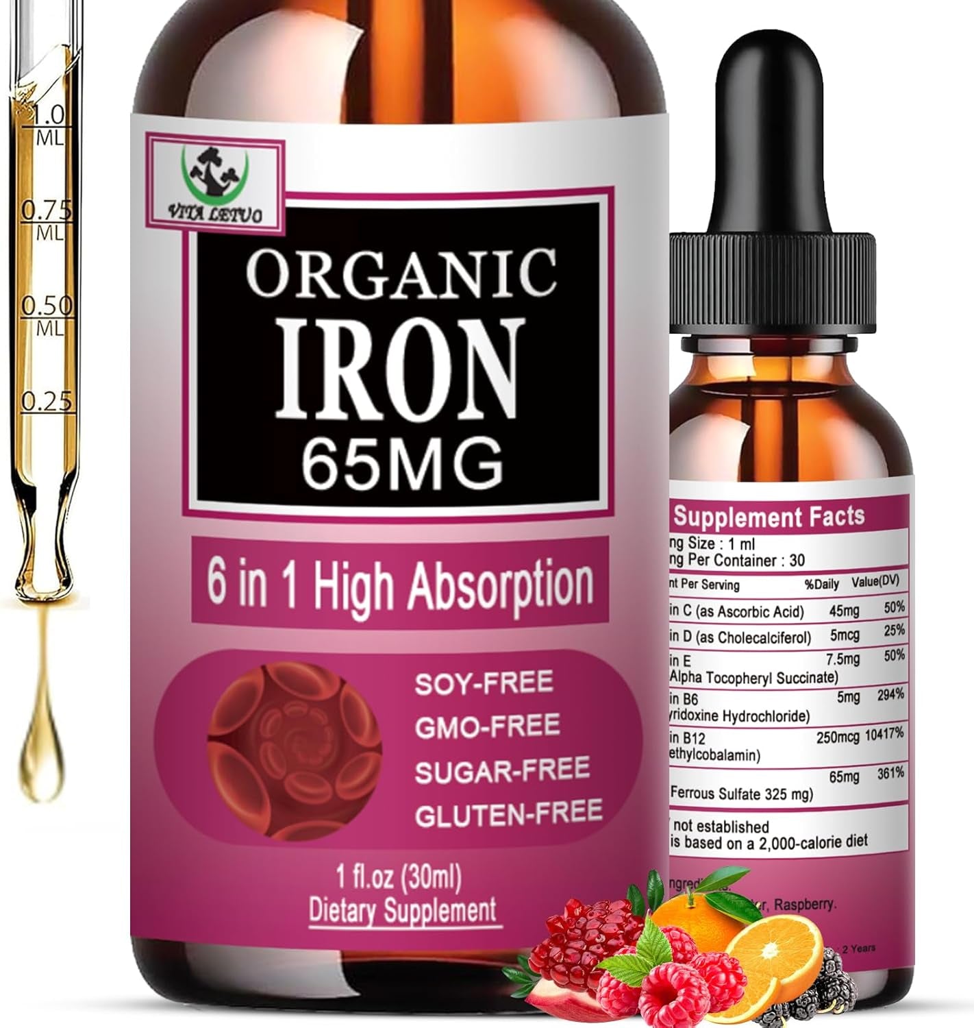 Iron Supplement for Women with Vitamin C,6-In-1 Liquid Supplement W/Vitamin B12,Vitamin B6,High Absorption Liquid Iron Drops for Red Blood Cells & Immune Support,Non-Gmo, Gluten Free