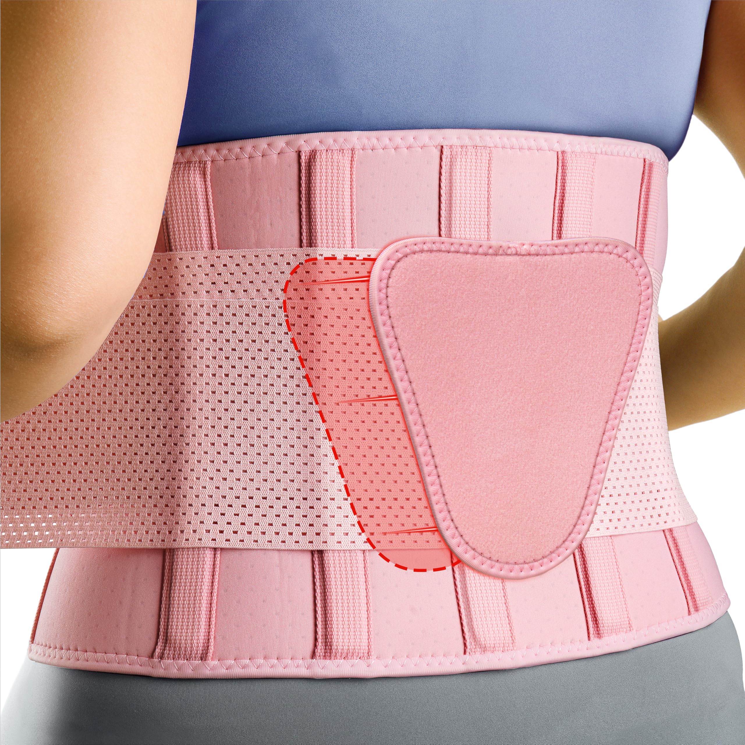 FEATOL Back Brace for Lower Back Pain, Breathable Back Support Belt for Women & Men with Lumbar Pad, Lumbar Support Belt for Heavy Lifting & Work, Pink, L/XL (Circumference:30-38.6")