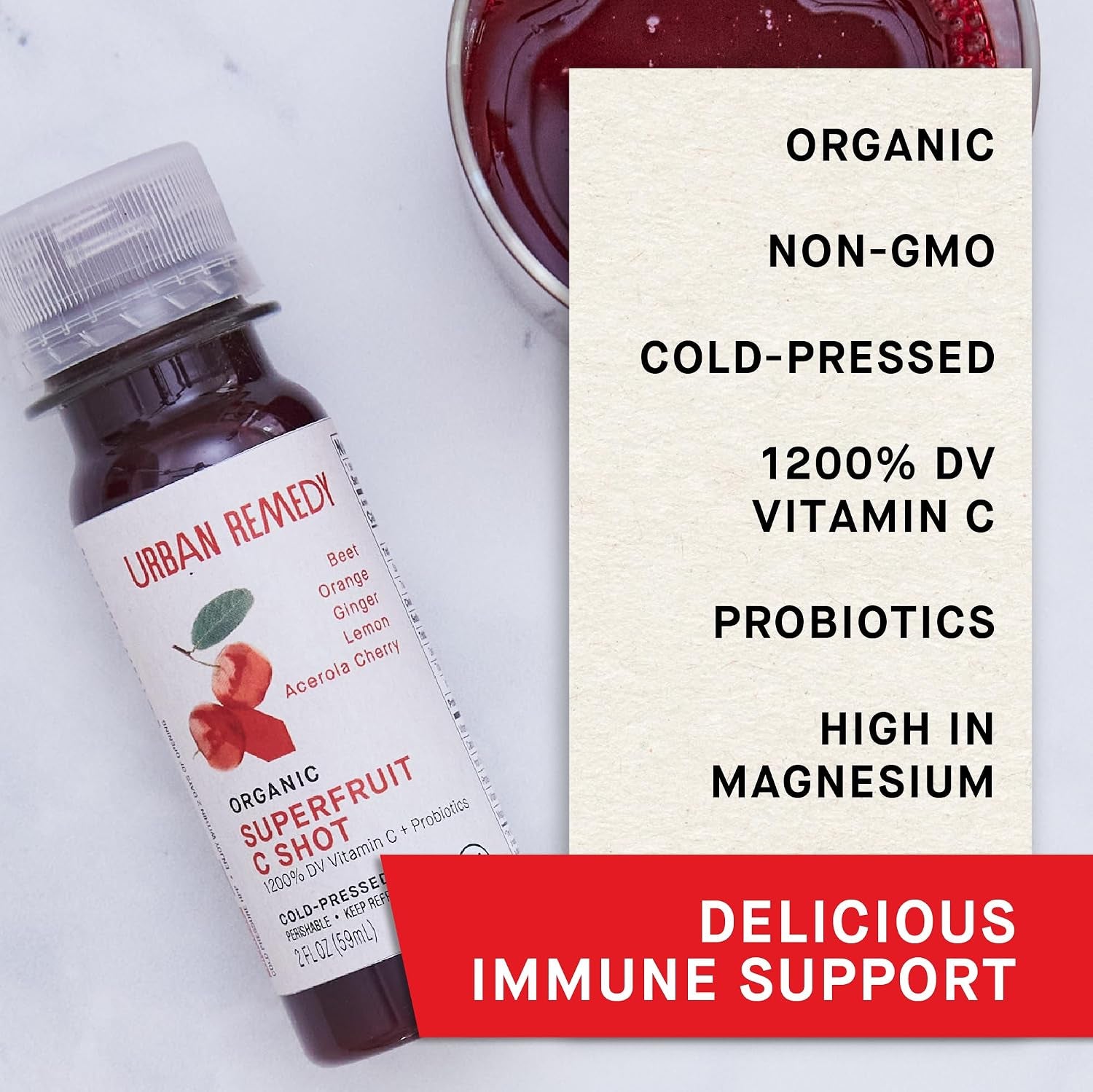 Organic Superfruit C Shot – Acerola Cherry & Probiotics Blend for Immune & Digestive Support. Cold-Pressed Beet, Orange & Ginger Juice. Gluten-Free, Dairy-Free, Non-Gmo, 2 Fl Oz