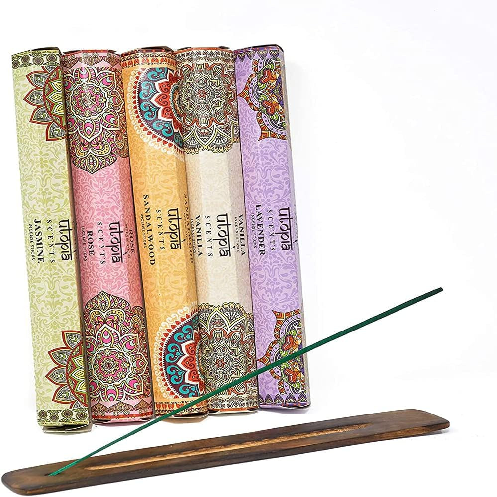 Premium Quality Incense Sticks. Lavender, Sandalwood, Jasmine, Vanilla and Rose Aroma. Variety Gift Pack 75 Sticks, Includes a Free Holder
