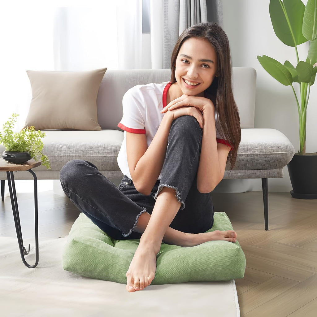 Meditation Floor Pillow Set of 2, Square Large Pillows Seating for Adults, Tufted Corduroy Cushion for Living Room Tatami, Green 22X22 Inch