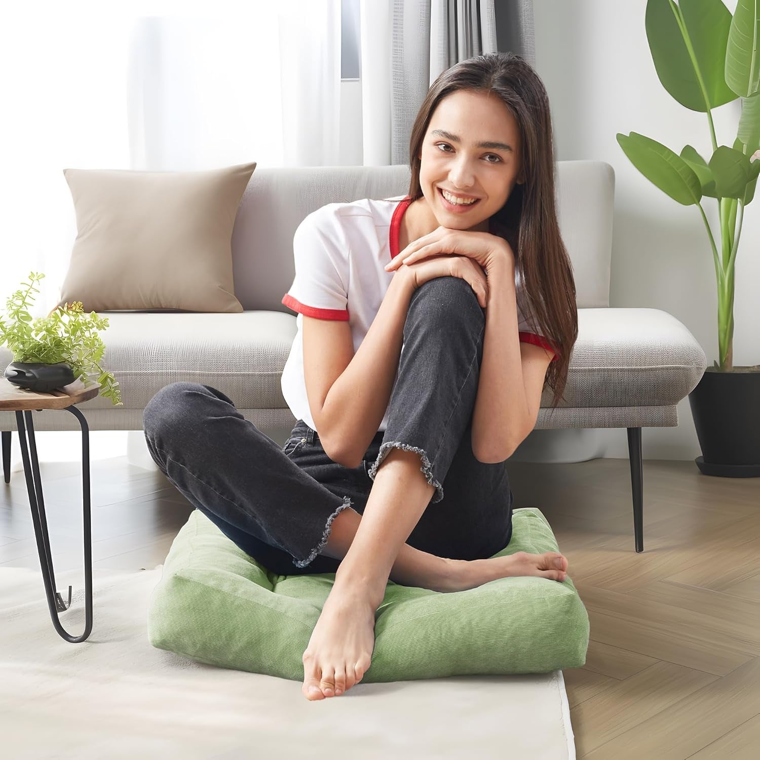 Meditation Floor Pillow Set of 2, Square Large Pillows Seating for Adults, Tufted Corduroy Cushion for Living Room Tatami, Green 22X22 Inch