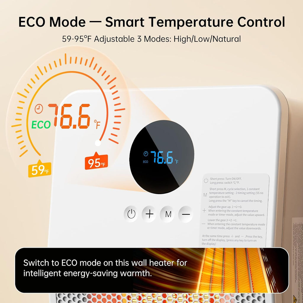 Wall Heater for Indoor Use, 1500W PTC Ceramic Space Heater, Remote
