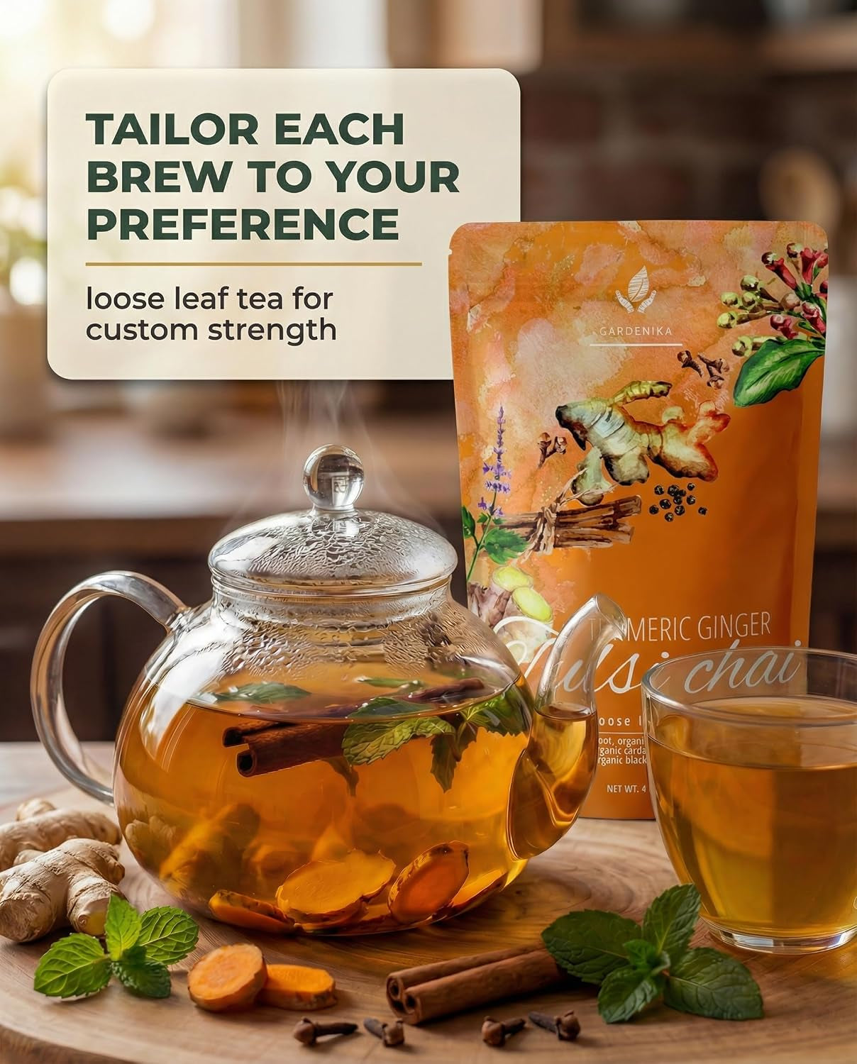 Organic Turmeric Ginger Tulsi Chai Loose Leaf Tea, 1 LB Bulk Bag - Ayurvedic Herbal Tea with Cinnamon & Cardamom - Caffeine Free, Organic, Kosher