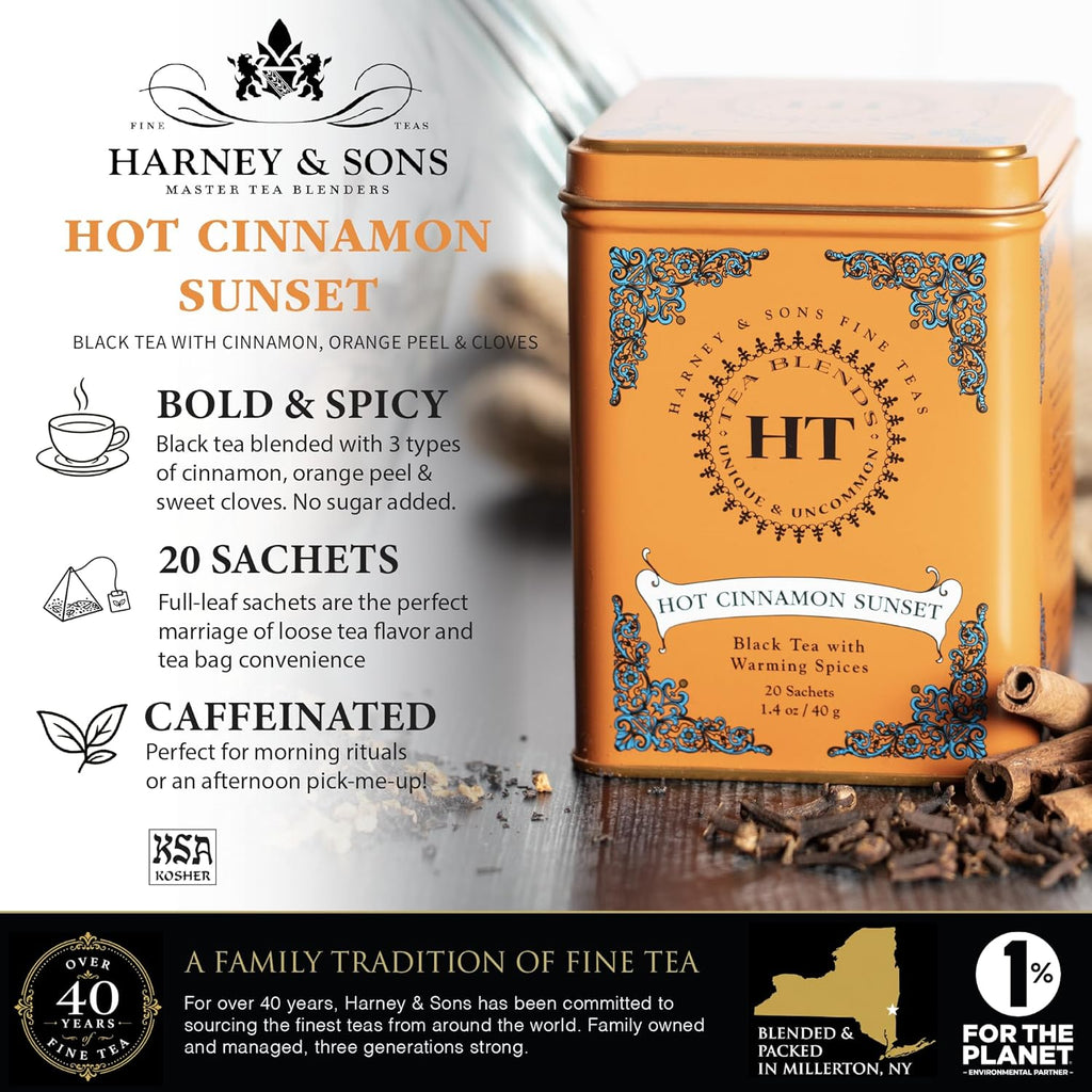 Caffeinated Hot Cinnamon Sunset Black Tea with Orange and Cloves Tin 20 Sachets (Pack of 1)