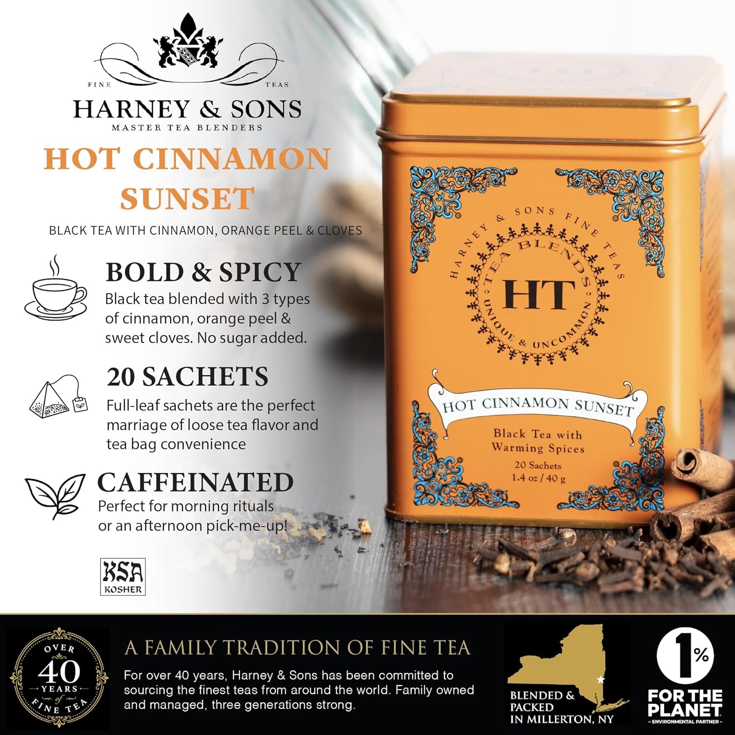 Caffeinated Hot Cinnamon Sunset Black Tea with Orange and Cloves Tin 20 Sachets (Pack of 1)