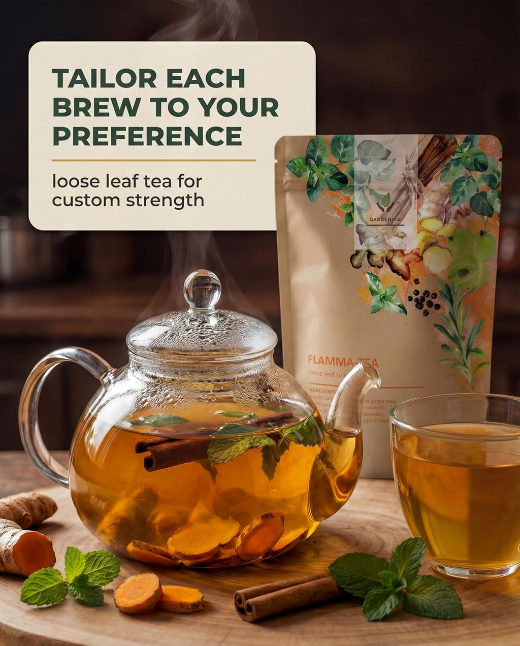 Organic Flamma-Tea Loose Leaf Tea | Premium Turmeric Ginger Blend with Cinnamon, Peppermint & Black Pepper | 100% Natural, Caffeine Free Herbal Wellness Tea | 4Oz (113G)