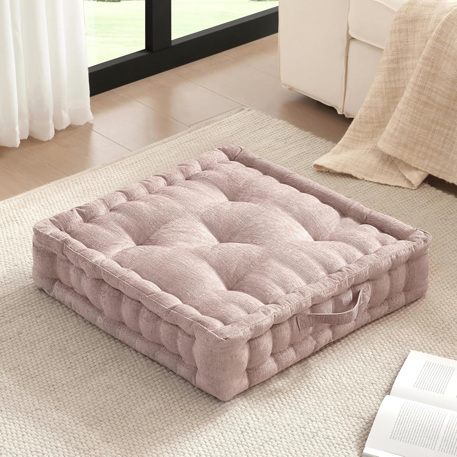 Large Floor Pillow for Adults Yoga or Meditation Cushion with Handle, Floor Cushion for Board Games, Lustrous Chenille Tufted, Handsewn Scalloped Edge, Azza, 24" X 24" X 5" Blush