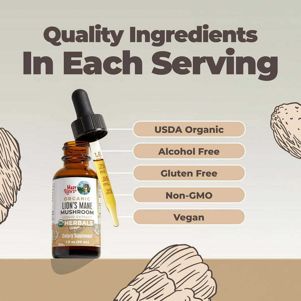 Lions Mane Mushroom Supplement Liquid Drops 1 Fl Oz, Non-Gmo