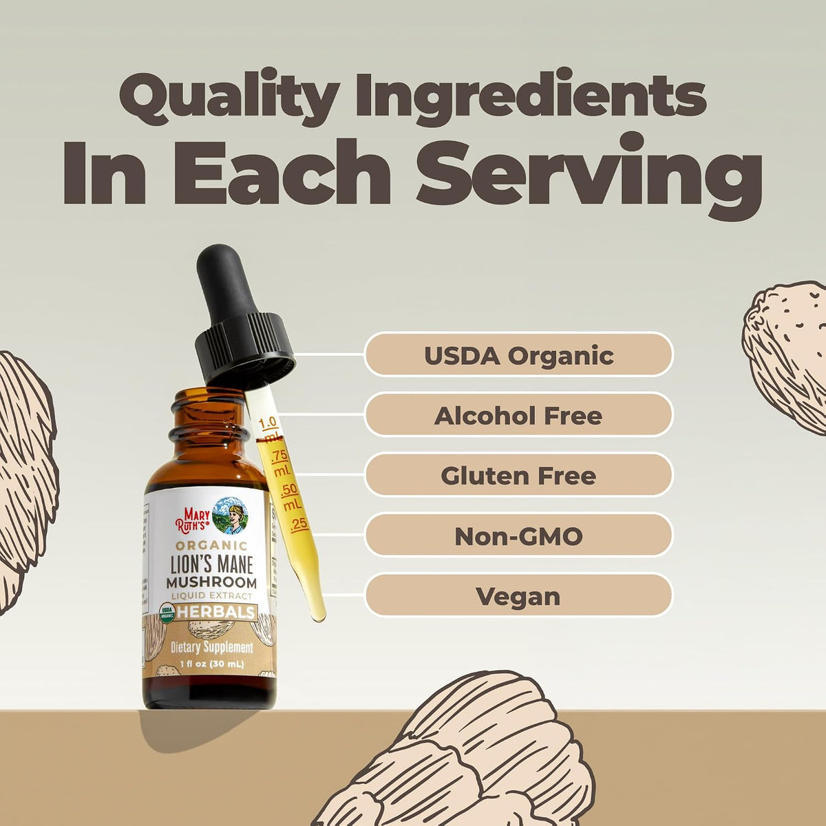 Lions Mane Mushroom Supplement Liquid Drops 1 Fl Oz, Non-Gmo