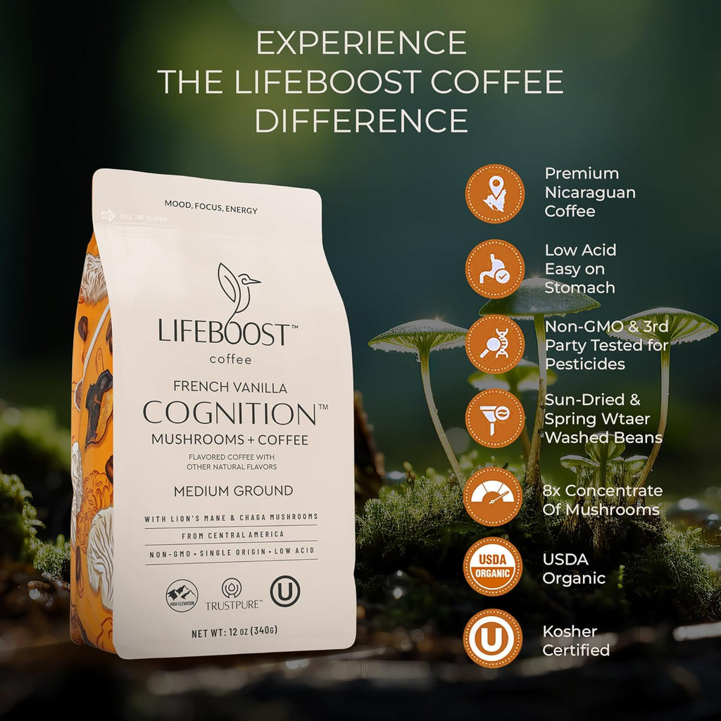 French Vanilla Cognition Mushroom Coffee - Low Acid Medium Organic Coffee with Nootropic Lions Mane & Chaga Mushrooms - Increase Energy, Boost Focus & Immune Support - 12 Oz Bag - Ground