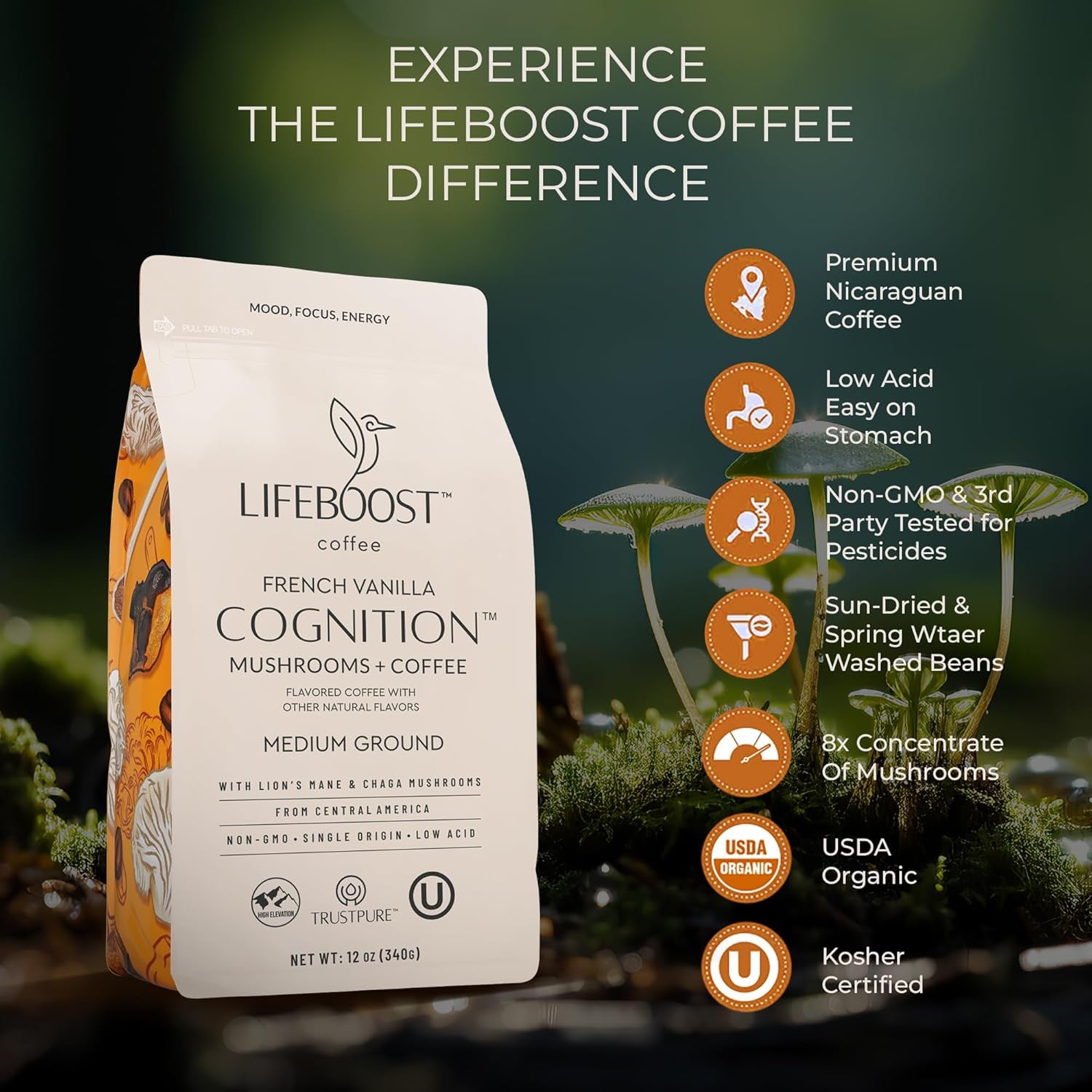 French Vanilla Cognition Mushroom Coffee - Low Acid Medium Organic Coffee with Nootropic Lions Mane & Chaga Mushrooms - Increase Energy, Boost Focus & Immune Support - 12 Oz Bag - Ground