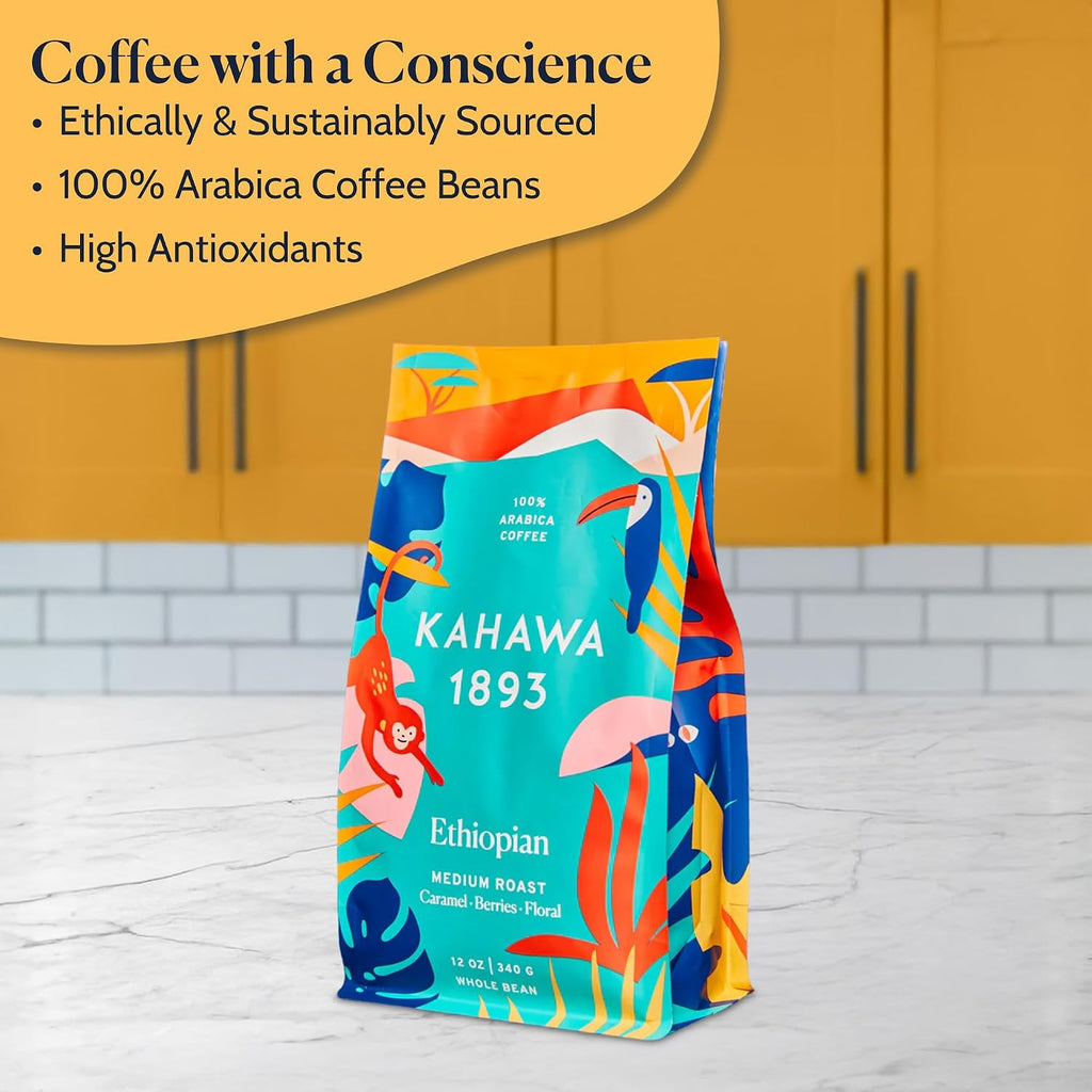 Whole Bean Coffee Medium Light Roast Ethiopian Blend 24 Oz - as Seen on Shark Tank, High Antioxidants, Naturally Sweet, Organically Grown, Ethically & Sustainably Sourced