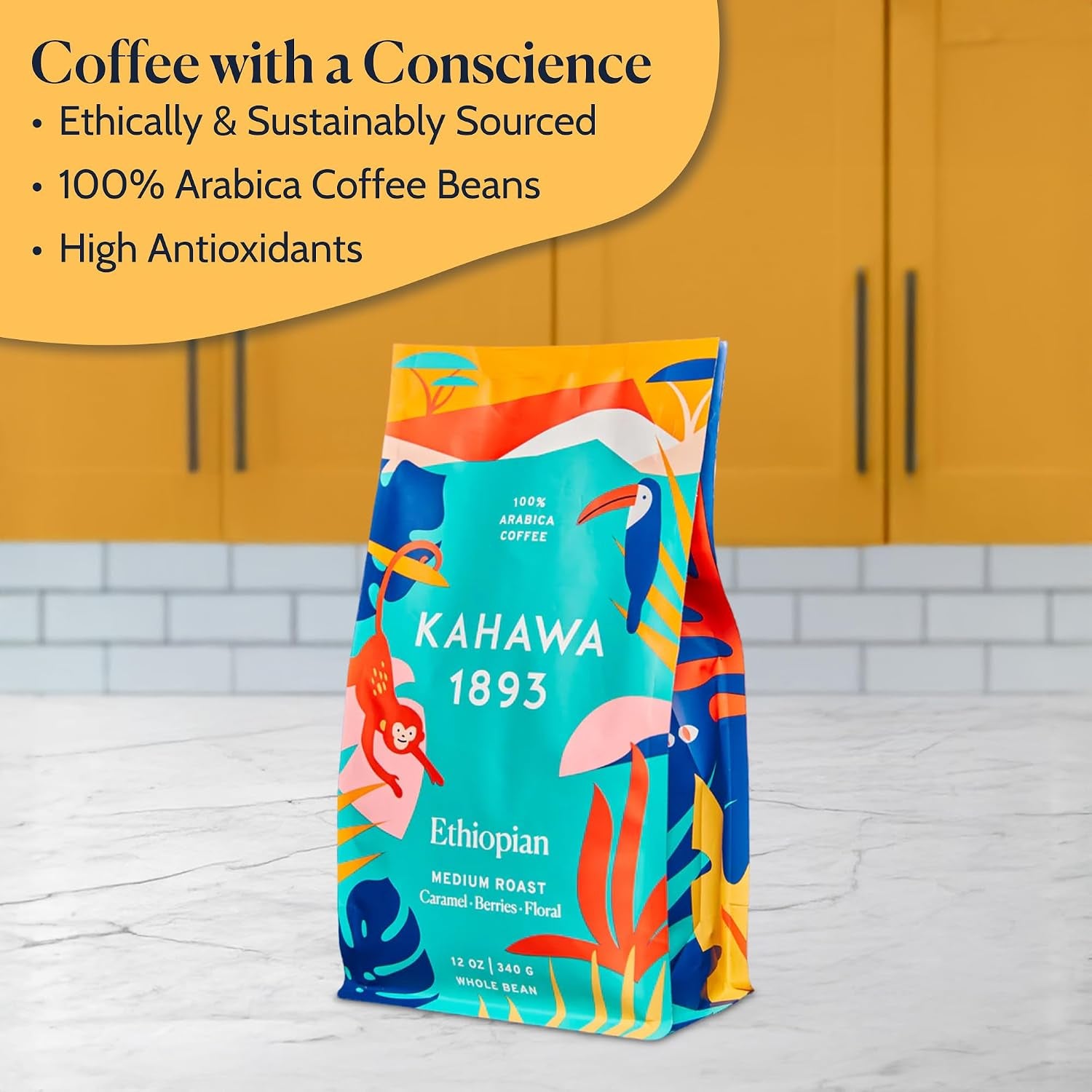 Whole Bean Coffee Medium Light Roast Ethiopian Blend 24 Oz - as Seen on Shark Tank, High Antioxidants, Naturally Sweet, Organically Grown, Ethically & Sustainably Sourced