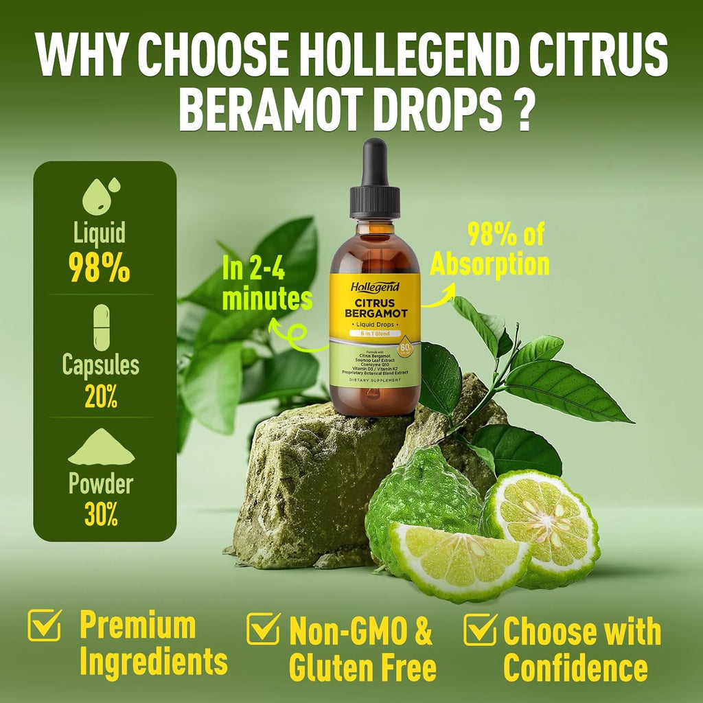Citrus Bergamot Liquid Drops, Organic Citrus Bergamot 1000Mg Supplement, plus Soursop, Coq10, Vitamin D3, K2, Overall Health Support, Vegan, Lemon Flavor,2 Fl Oz