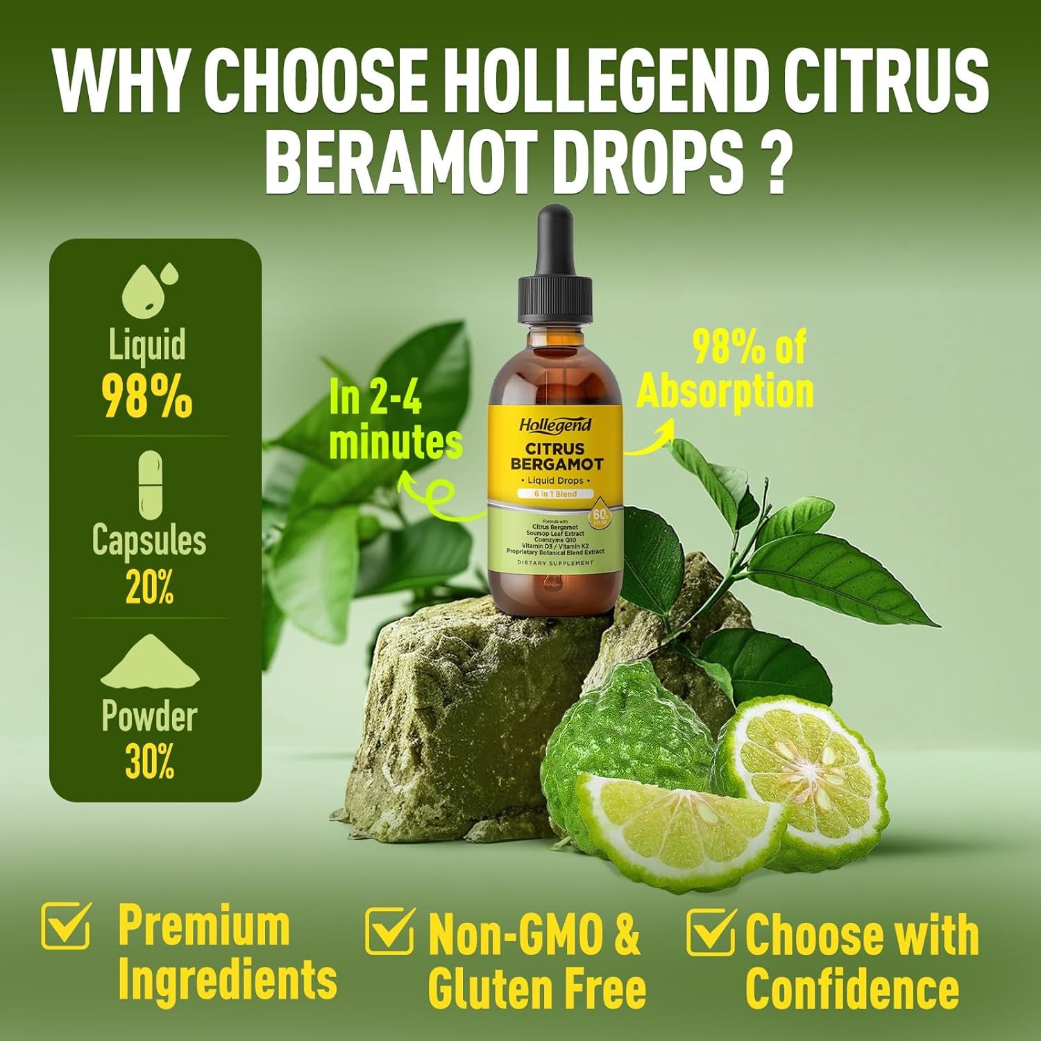 Citrus Bergamot Liquid Drops, Organic Citrus Bergamot 1000Mg Supplement, plus Soursop, Coq10, Vitamin D3, K2, Overall Health Support, Vegan, Lemon Flavor,2 Fl Oz