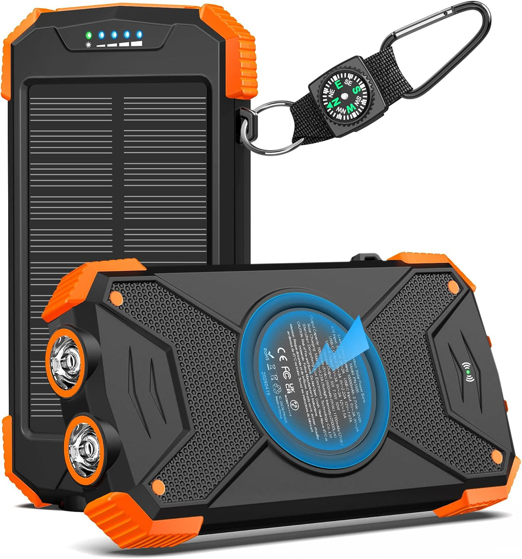 Solar Power Bank 10,000Mah, Portable Wireless Charger, 20W Fast Charging External Battery Pack with USB C for Cell Phones, Solar Panel Charging with Dual Flashlight for Camping