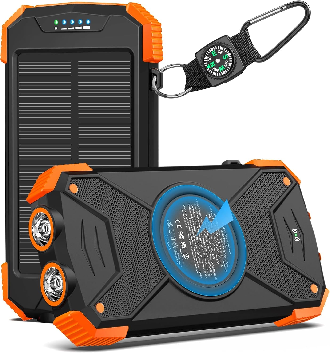 Solar Power Bank 10,000Mah, Portable Wireless Charger, 20W Fast Charging External Battery Pack with USB C for Cell Phones, Solar Panel Charging with Dual Flashlight for Camping