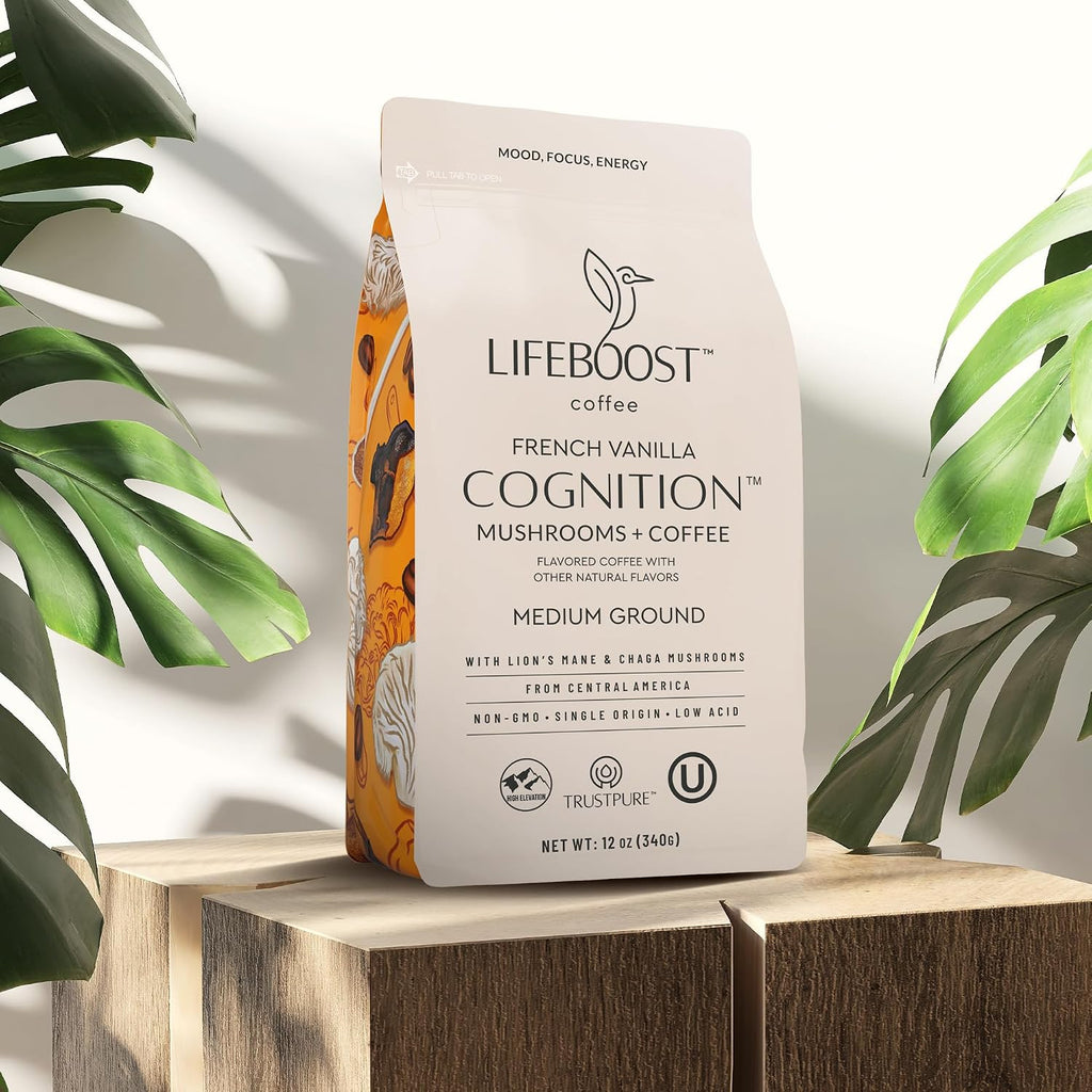 French Vanilla Cognition Mushroom Coffee - Low Acid Medium Organic Coffee with Nootropic Lions Mane & Chaga Mushrooms - Increase Energy, Boost Focus & Immune Support - 12 Oz Bag - Ground