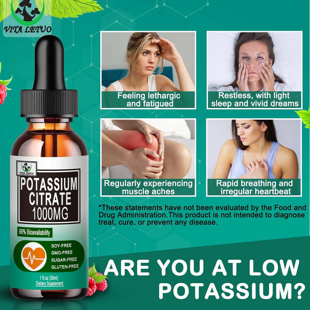 Potassium Citrate Liquid Drops,Potassium Supplement 1000Mg Liquid Support Muscle Cramp Relief, Heart Health and Sleep,Highly Absorbable for Adults Women & Men, Vegan, 30 Servings