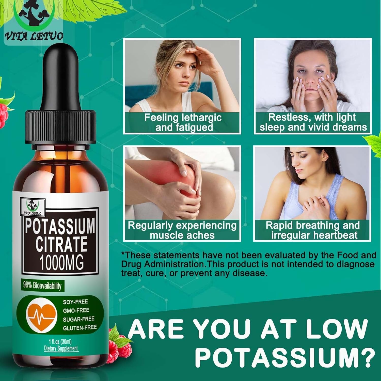 Potassium Citrate Liquid Drops,Potassium Supplement 1000Mg Liquid Support Muscle Cramp Relief, Heart Health and Sleep,Highly Absorbable for Adults Women & Men, Vegan, 30 Servings