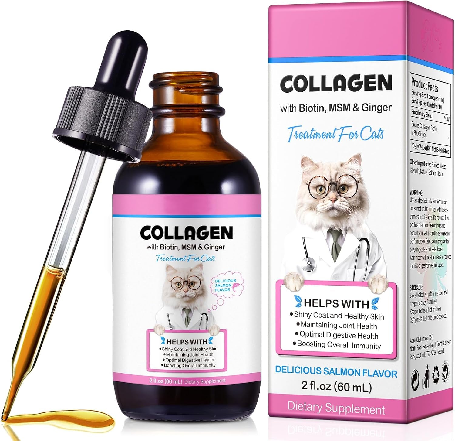 Liquid Collagen for Cats, Cats Collagen Liquid Drops with Biotin, MSM & Ginger Immunity Support, Itch Relief, Skin & Coat and Joint Health Supplement for Cat 60Ml