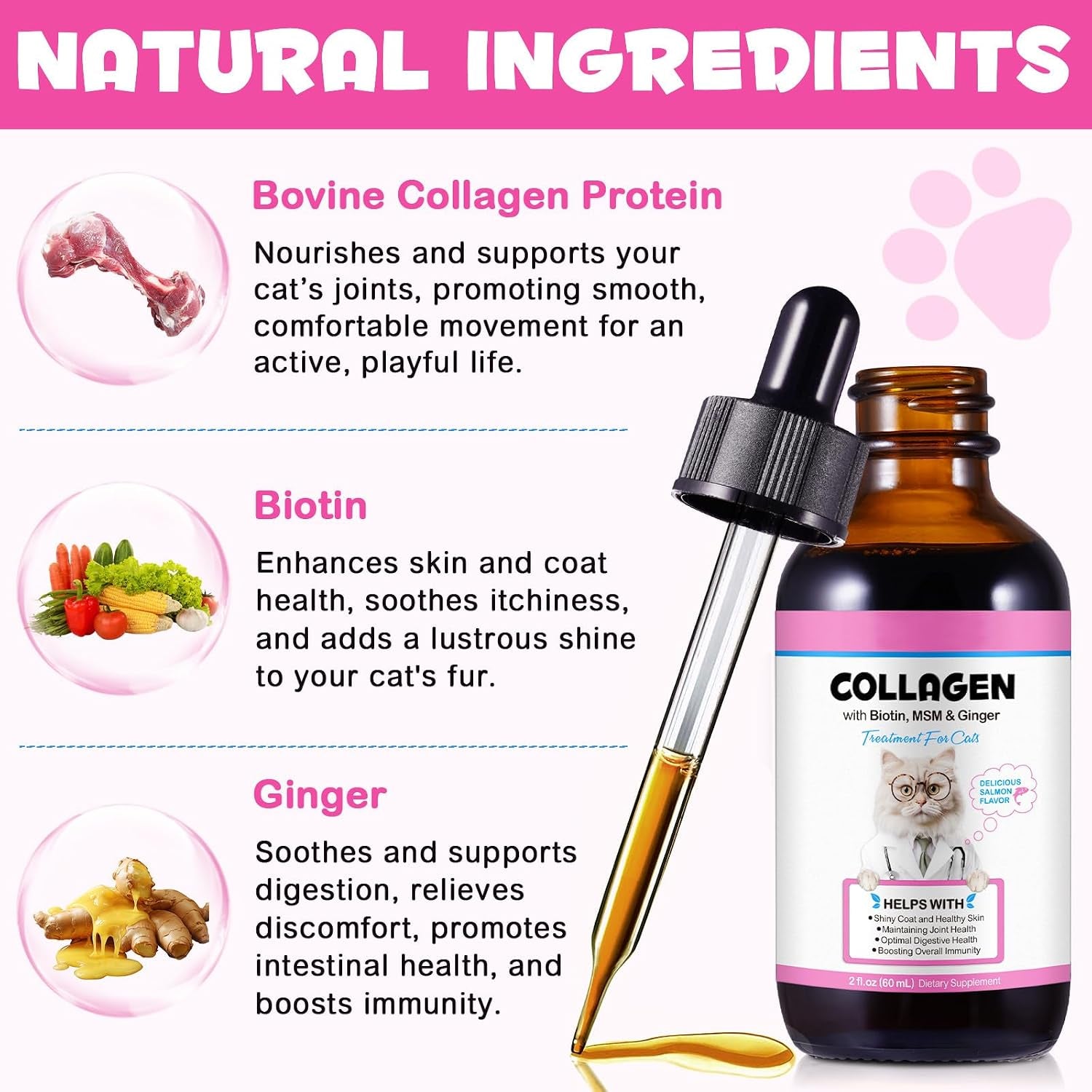Liquid Collagen for Cats, Cats Collagen Liquid Drops with Biotin, MSM & Ginger Immunity Support, Itch Relief, Skin & Coat and Joint Health Supplement for Cat 60Ml