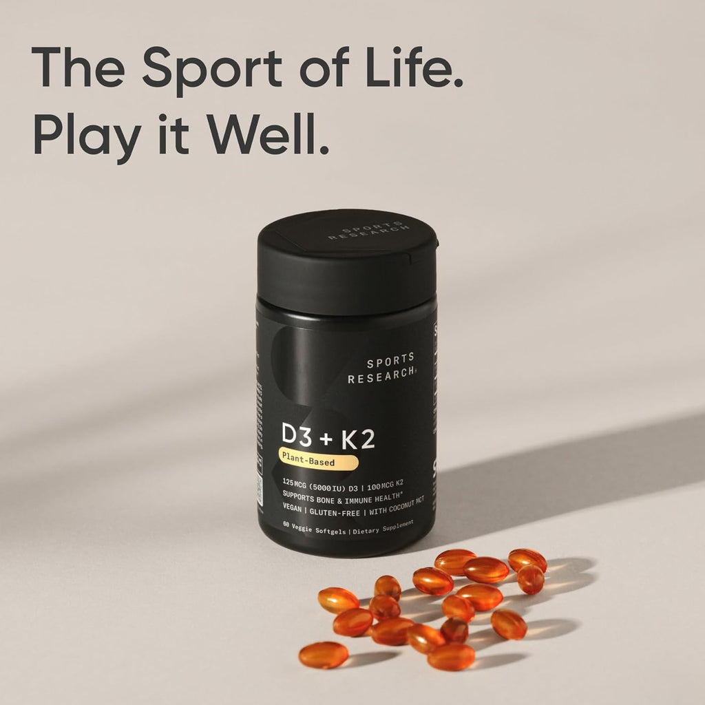 Sports Research® Vitamin D3 + K2 W/ Coconut Oil - Vegan Vitamin D 5000Iu & Mk7 Vitamin K 100Mcg for Bone & Immune Support - Vegan Certified · Non-Gmo · Soy Free - 60 Softgels | Plant-Based Vitamin D 5000Iu/125Mcg & Soy-Free Vitamin K 100Mcg for Bone & Immune Support - Vegan Certified & Non-Gmo Verifed