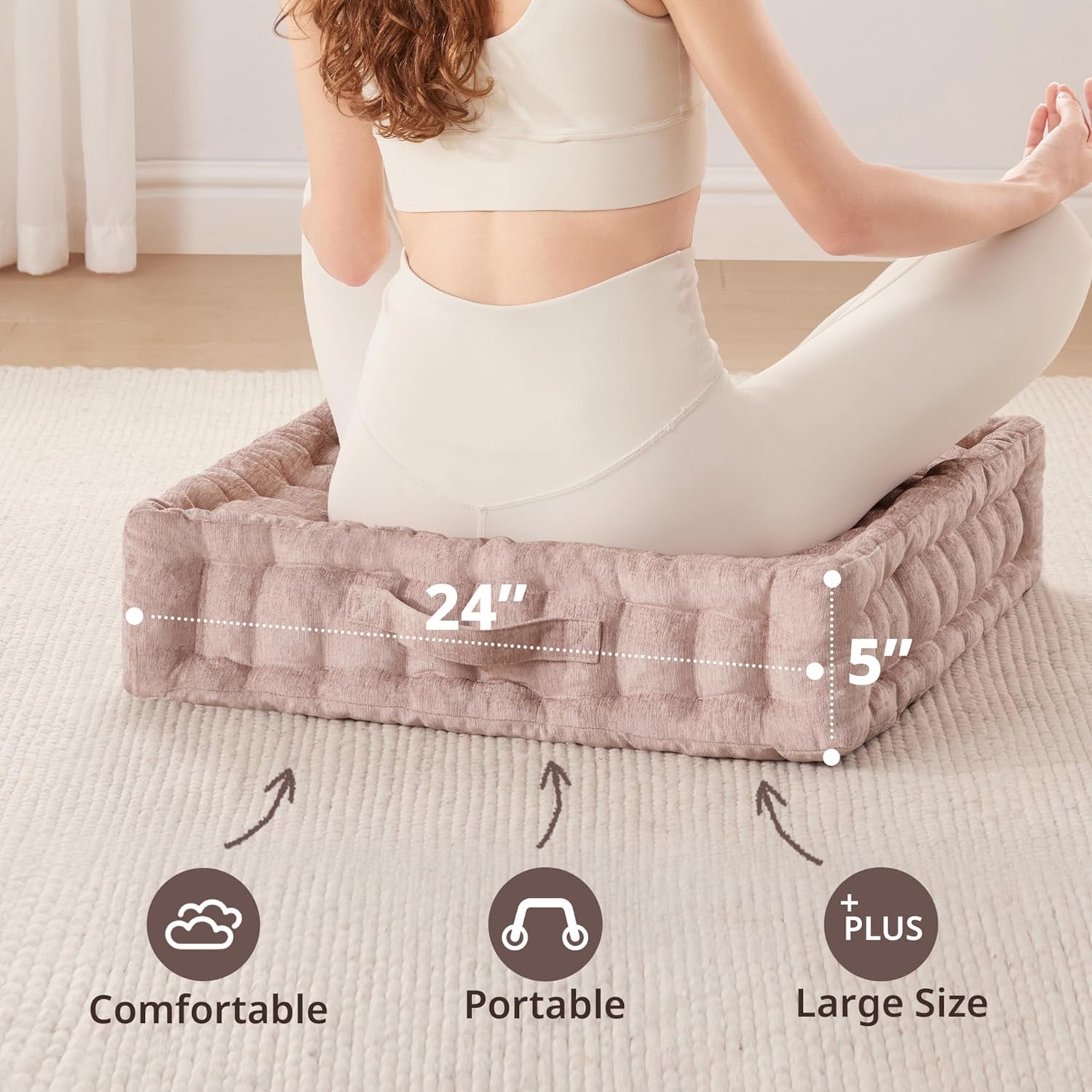 Large Floor Pillow for Adults Yoga or Meditation Cushion with Handle, Floor Cushion for Board Games, Lustrous Chenille Tufted, Handsewn Scalloped Edge, Azza, 24" X 24" X 5" Blush