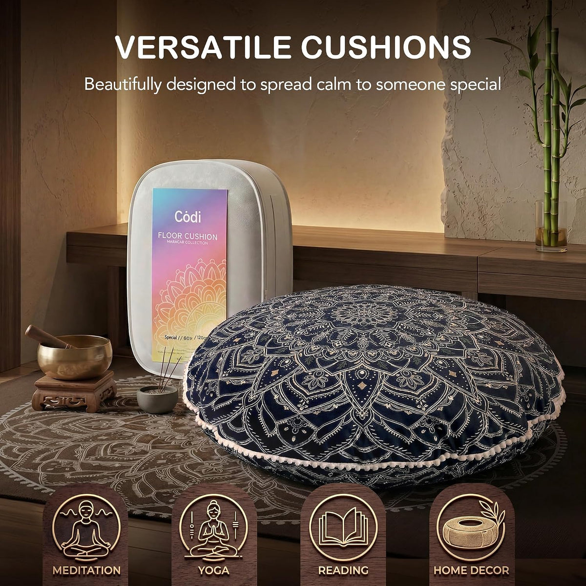32-Inch Meditation Cushion, Large Floor Pillows for Adults, Black