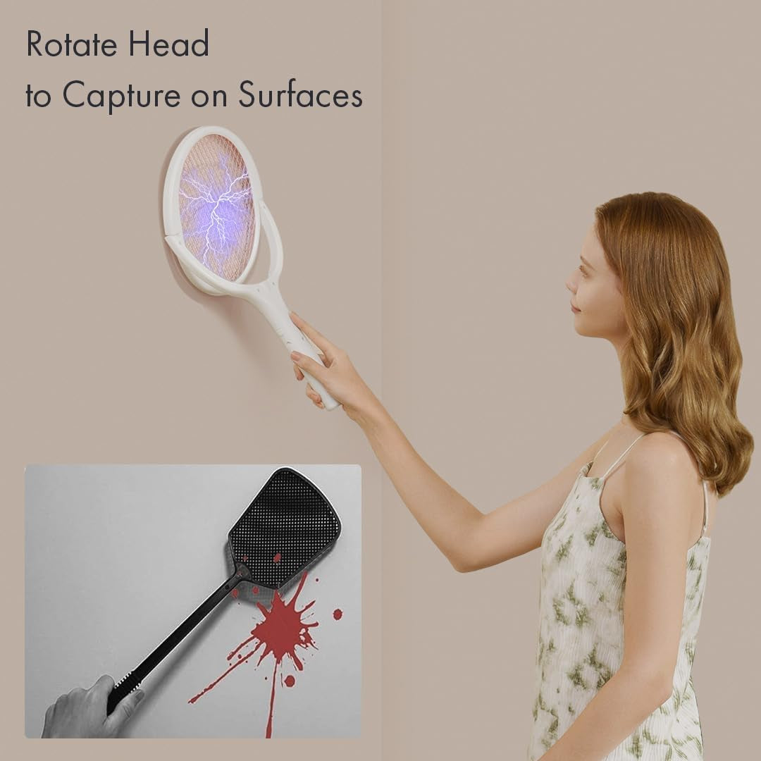 Rotating Head Electric Fly Swatter Racket Rechargeable Bug Zapper Racket Bug Zapper Indoor Fly Zapper Mosquito Zapper Flies Killer for Indoors, with a Telescopic Extension