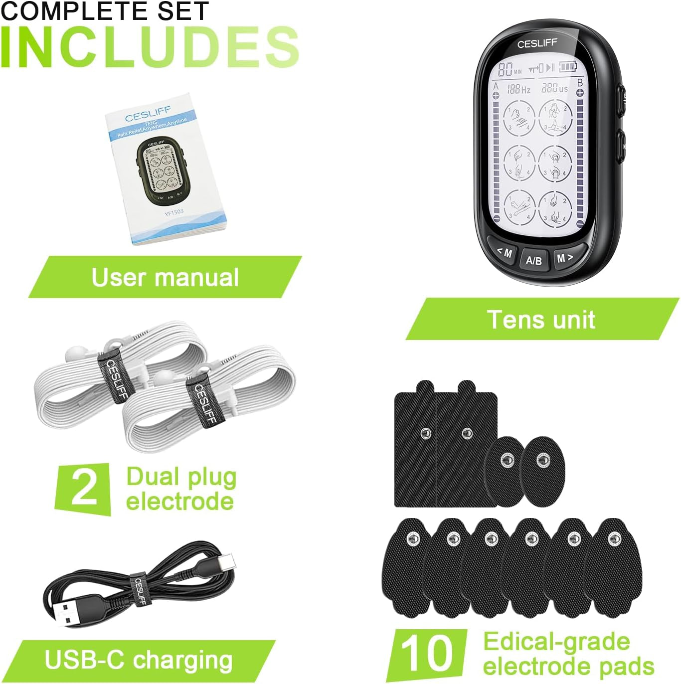 Dual Channel TENS EMS Unit 24 Modes 36 Levels, Upgraded Large Screen Intensity Muscle Stimulator for Back Neck Shoulder Pain Relief, Rechargeable Electric Pulse Massager TENS Machine with 10 Pads