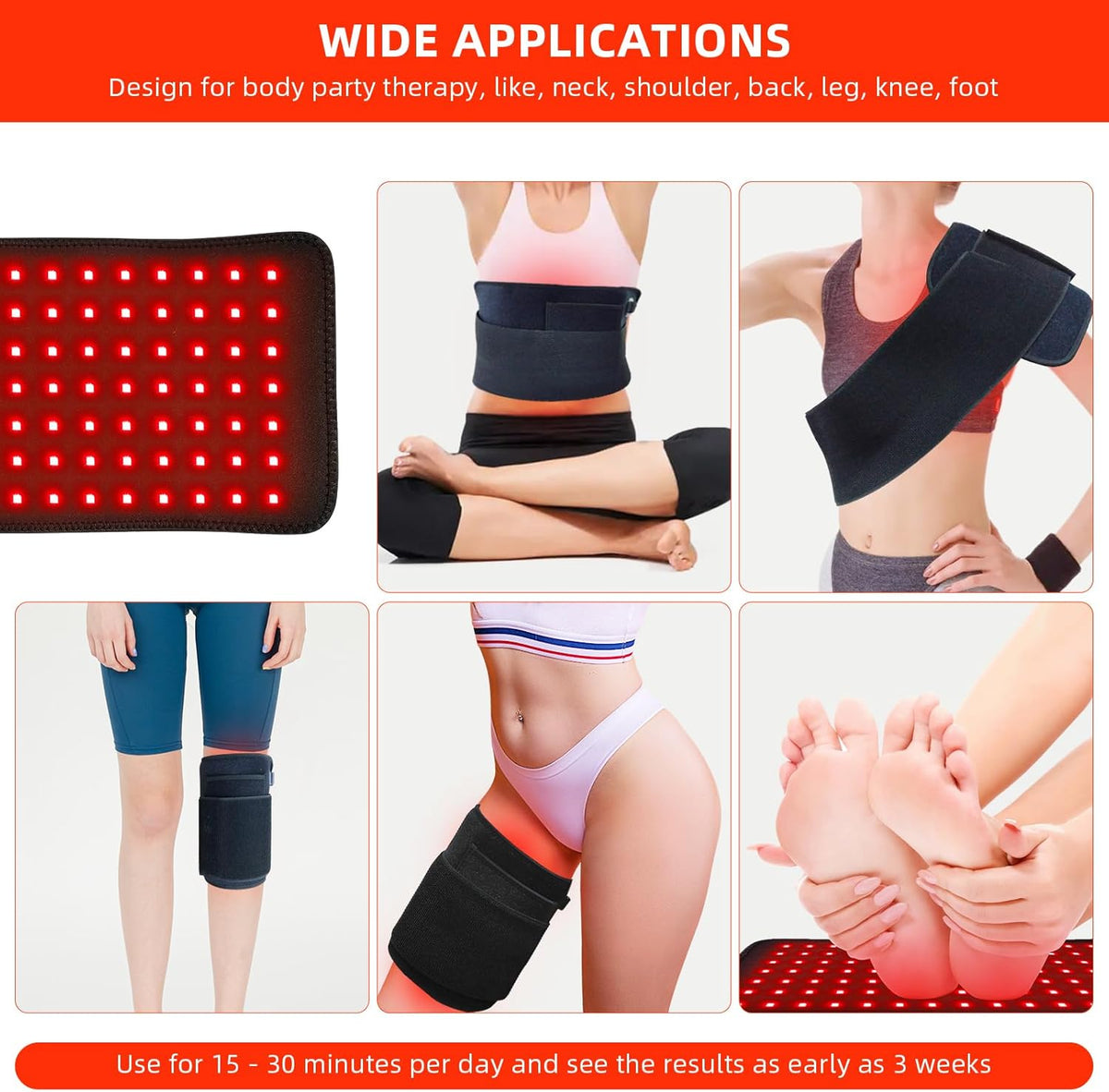 Red Light Therapy Pad for Body Back Knee Shoulder Hands Feet 660Nm 850Nm Home Use 3 Chips in 1 Infrared Wrap Belt Gift for Women Men (Corded)