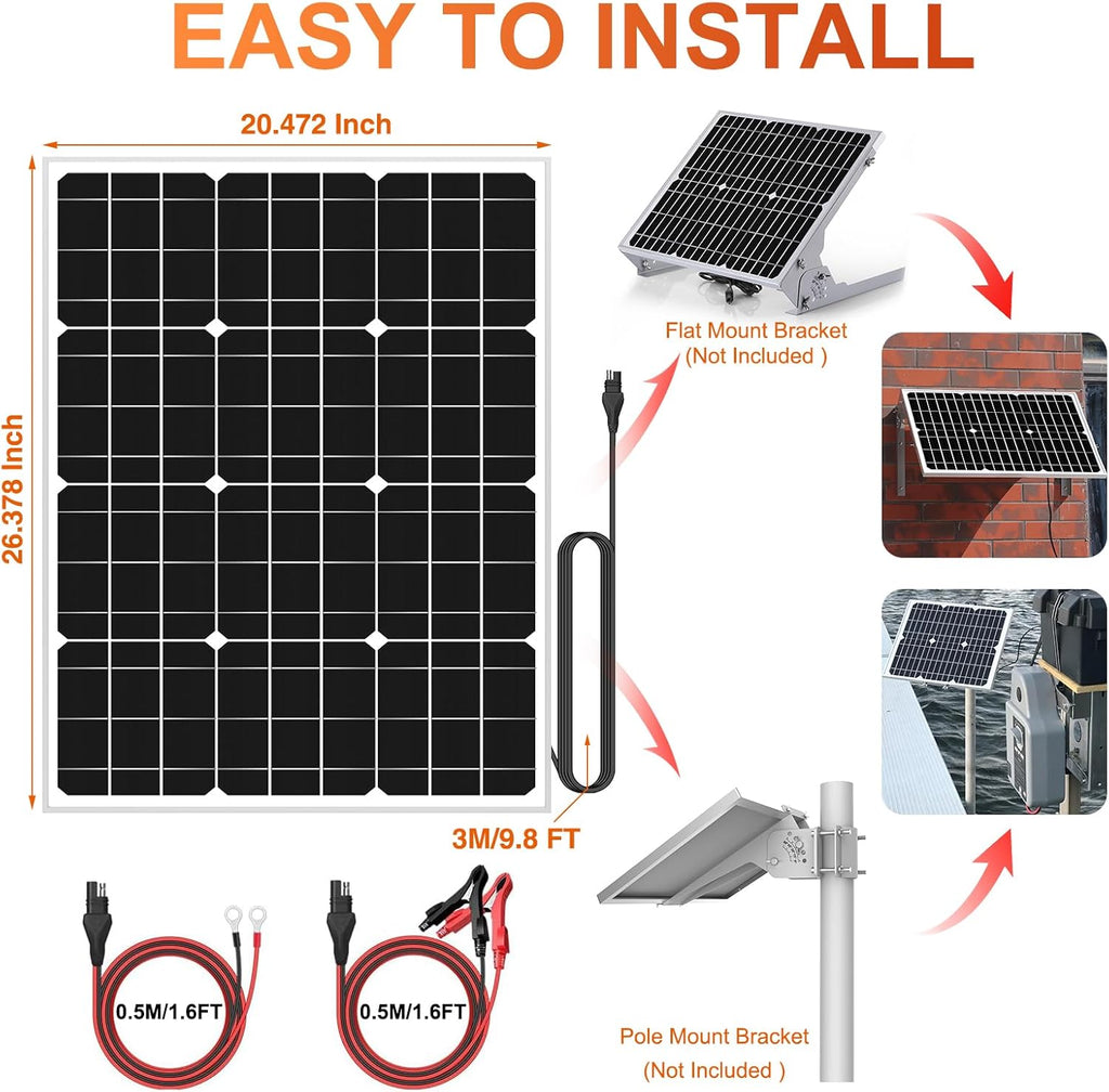 12V Solar Panel Kit 50W, High Efficiency 50 Watt Solar Panel + Ultra-Smart 10A MPPT Charge Controller, Solar Battery Trickle Charger Maintainer for Boat Car RV Motorcycle Marine Automotive