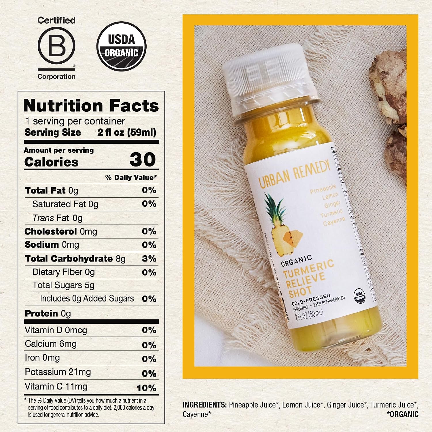Organic Turmeric Relieve Shot, Cold-Pressed, 2 Fl Oz, Pineapple, Turmeric, Ginger & Cayenne, Digestive Support, Detox, Organic, Non-Gmo, Gluten-Free, Dairy-Free, Ready-To-Drink