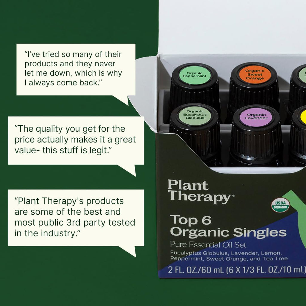 Top 6 USDA Organic Essential Oil Set - Lavender, Peppermint, Eucalyptus, Lemon, Tea Tree 100% Pure, Natural Aromatherapy, for Diffusion & Topical Use, Therapeutic Grade 10 Ml (1/3 Oz)