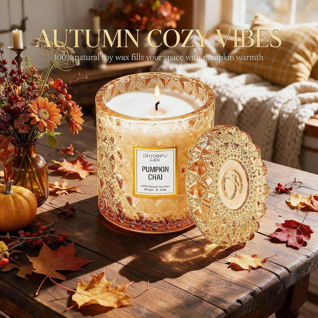 Pumpkin Chai Candles Halloween Candle Gift, Farmhouse Candles for Home, Luxury Scented Soy Jar Fall Candle with up to 55 Hour Long Lasting, Home Decor, Barn Fall Decor Pottery, 8.1Oz