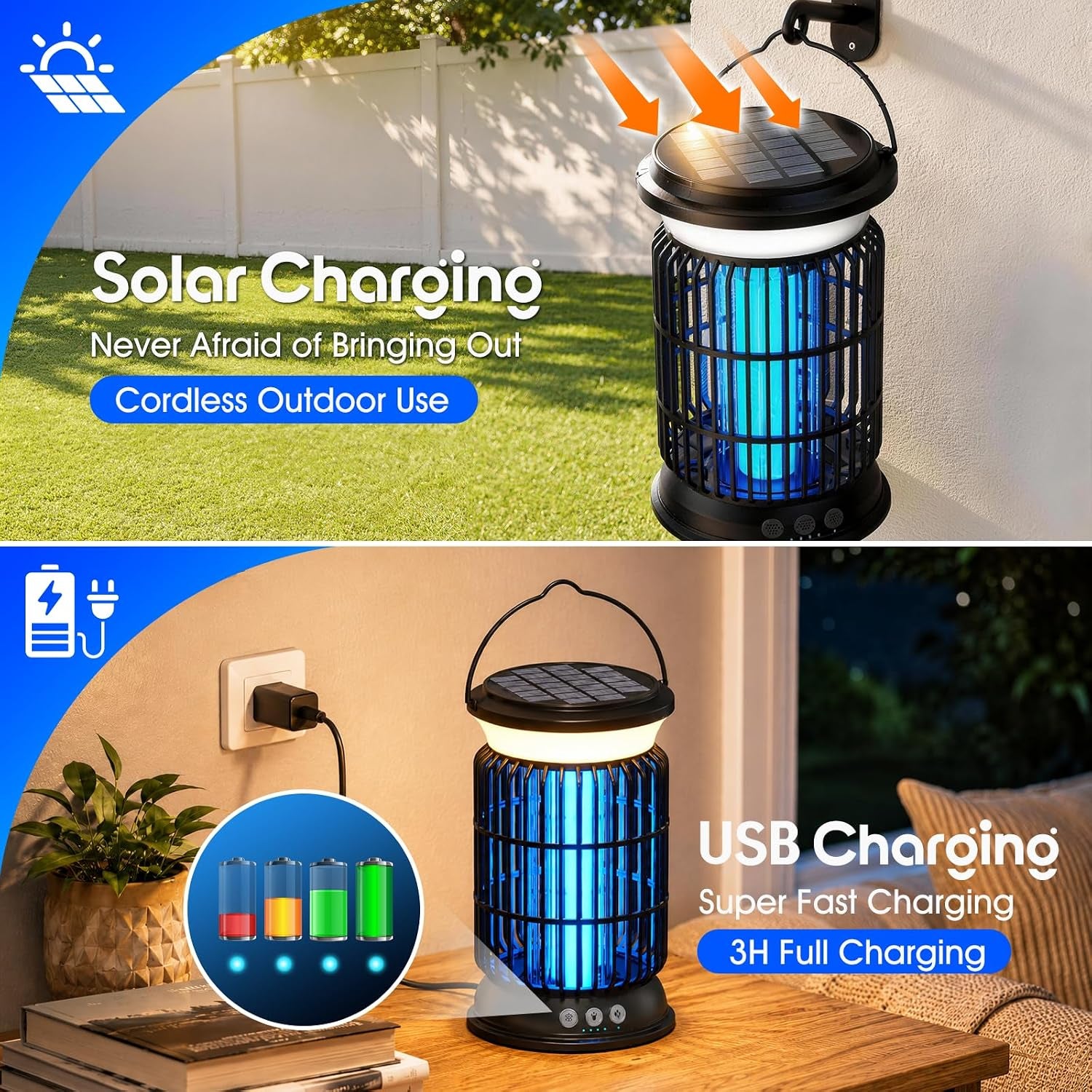 Solar Bug Zapper Outdoor – Powerful Electric Bug Zapper with 4-In-1 Modes, Cordless & Rechargeable Insect Zapper, IP66 Waterproof Mosquito Zapper for Camping & Indoor Use