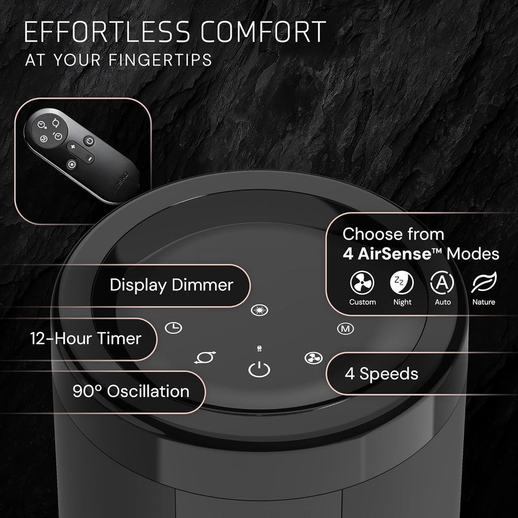 Lasko Elevation Tower Fan for Bedroom, Office, and Living Room - 42”-54” Adjustable Height Cooling with 31 Ft/S Airflow and 90° Oscillation- Quiet 28 Db Operation - Remote Control - Black