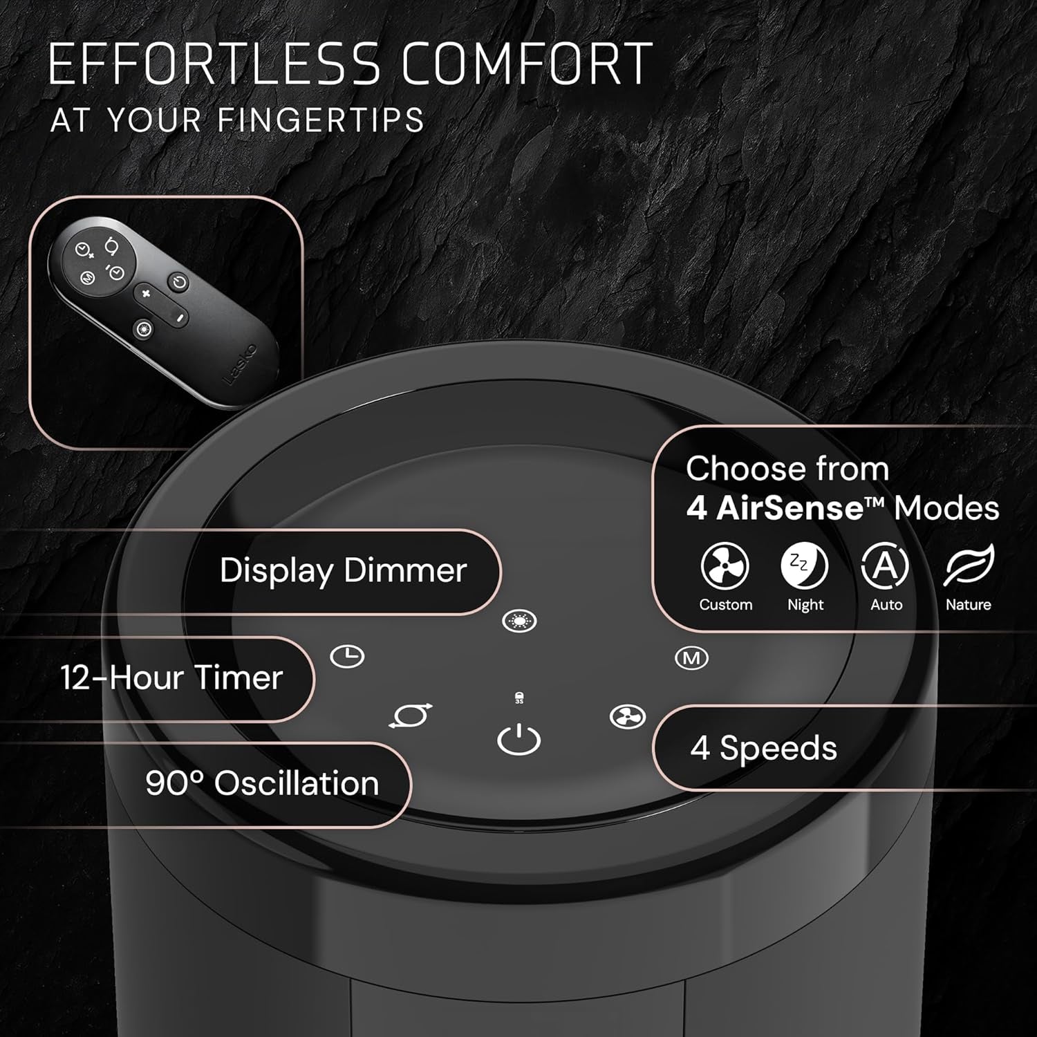 Lasko Elevation Tower Fan for Bedroom, Office, and Living Room - 42”-54” Adjustable Height Cooling with 31 Ft/S Airflow and 90° Oscillation- Quiet 28 Db Operation - Remote Control - Black