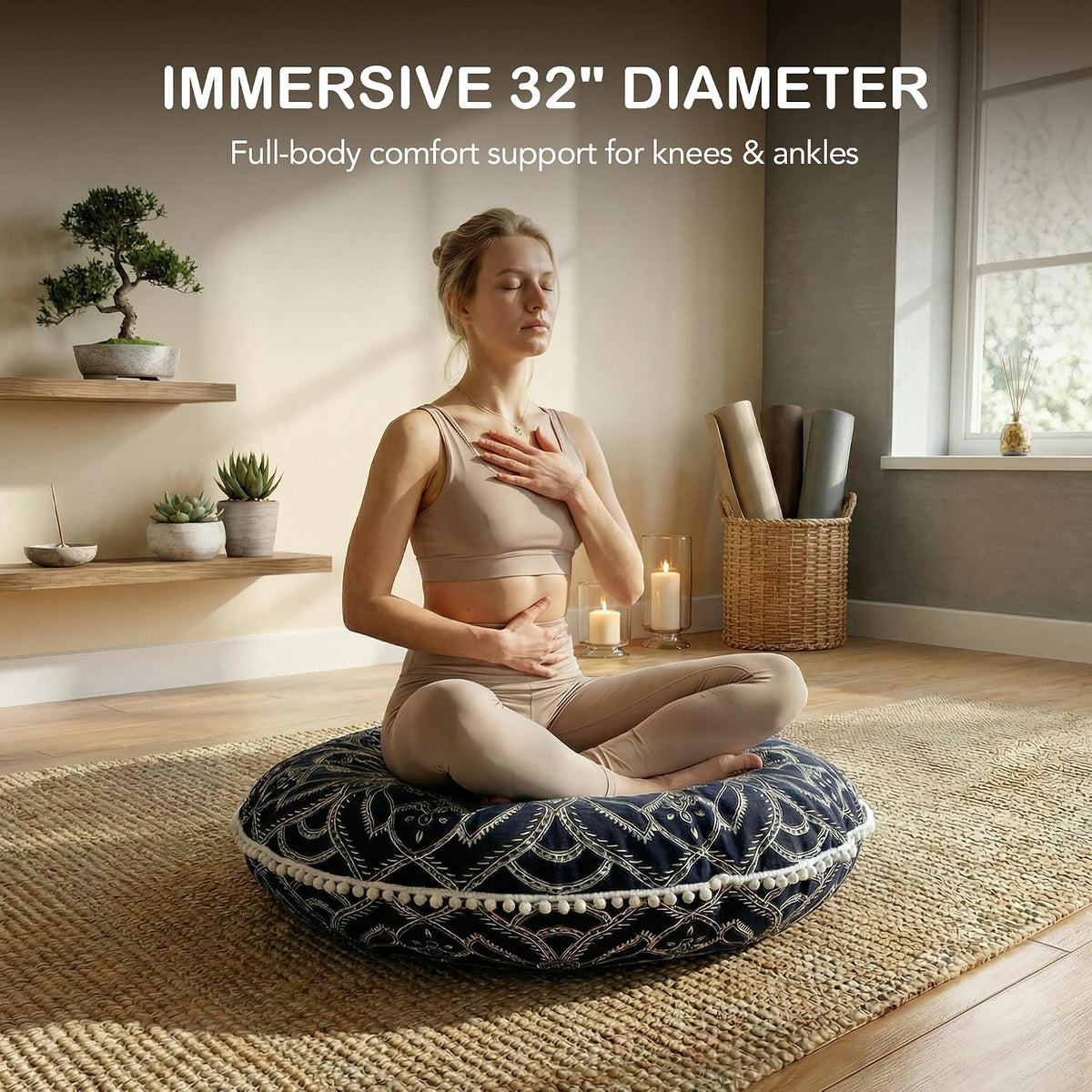 32-Inch Meditation Cushion, Large Floor Pillows for Adults, Black