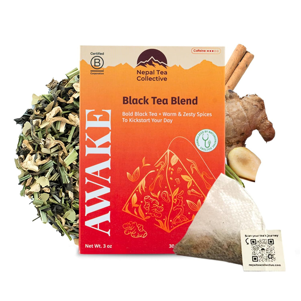 Awake Organic Black Tea Bags | Caffeinated Breakfast Tea with Himalayan Spices | Naturopathic Wellness Blend with Cinnamon, Ginger, Cardamom, Lemongrass | Morning Energy & Focus | 30 Count