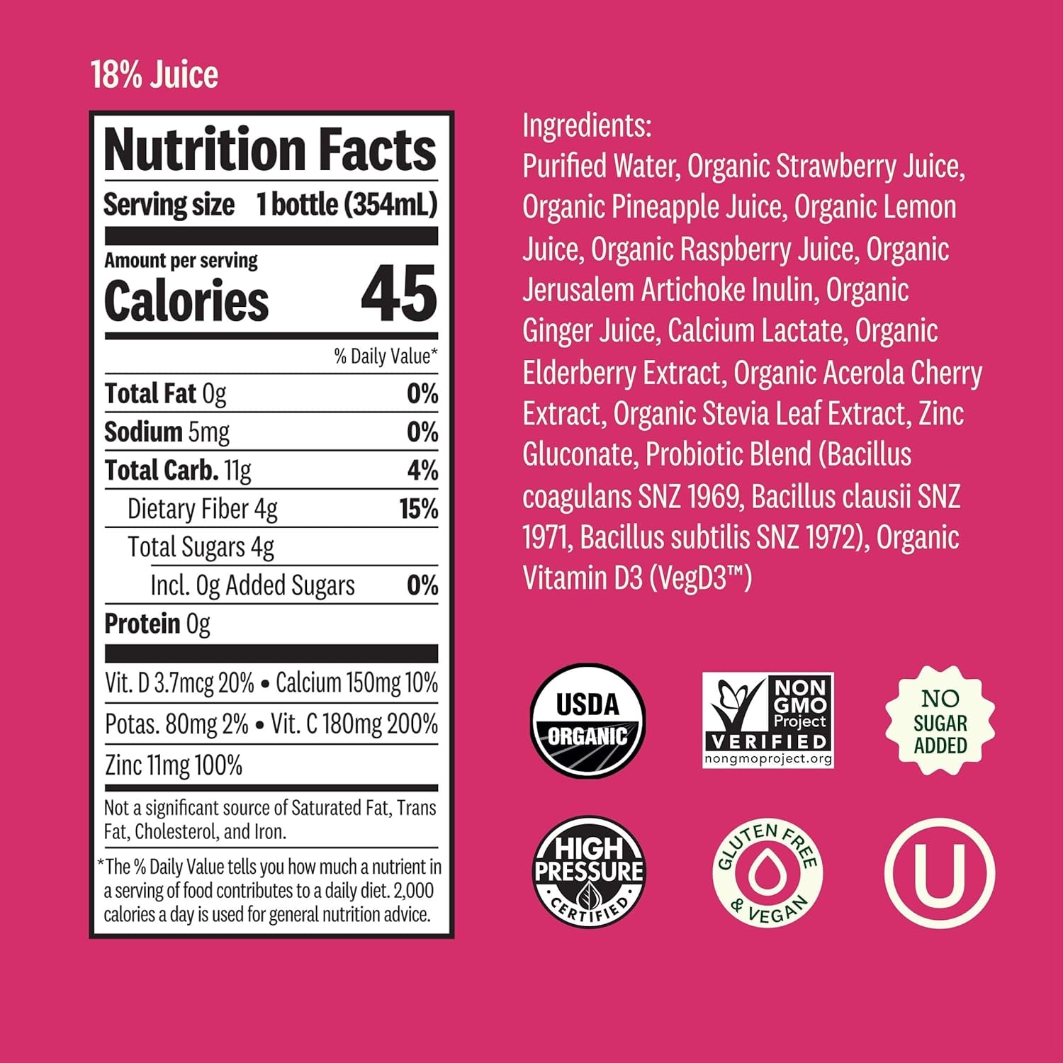 Organic Gut Health Elderberry Ginger Cold Pressed Juice Drink, 12 Fl Oz Bottle
