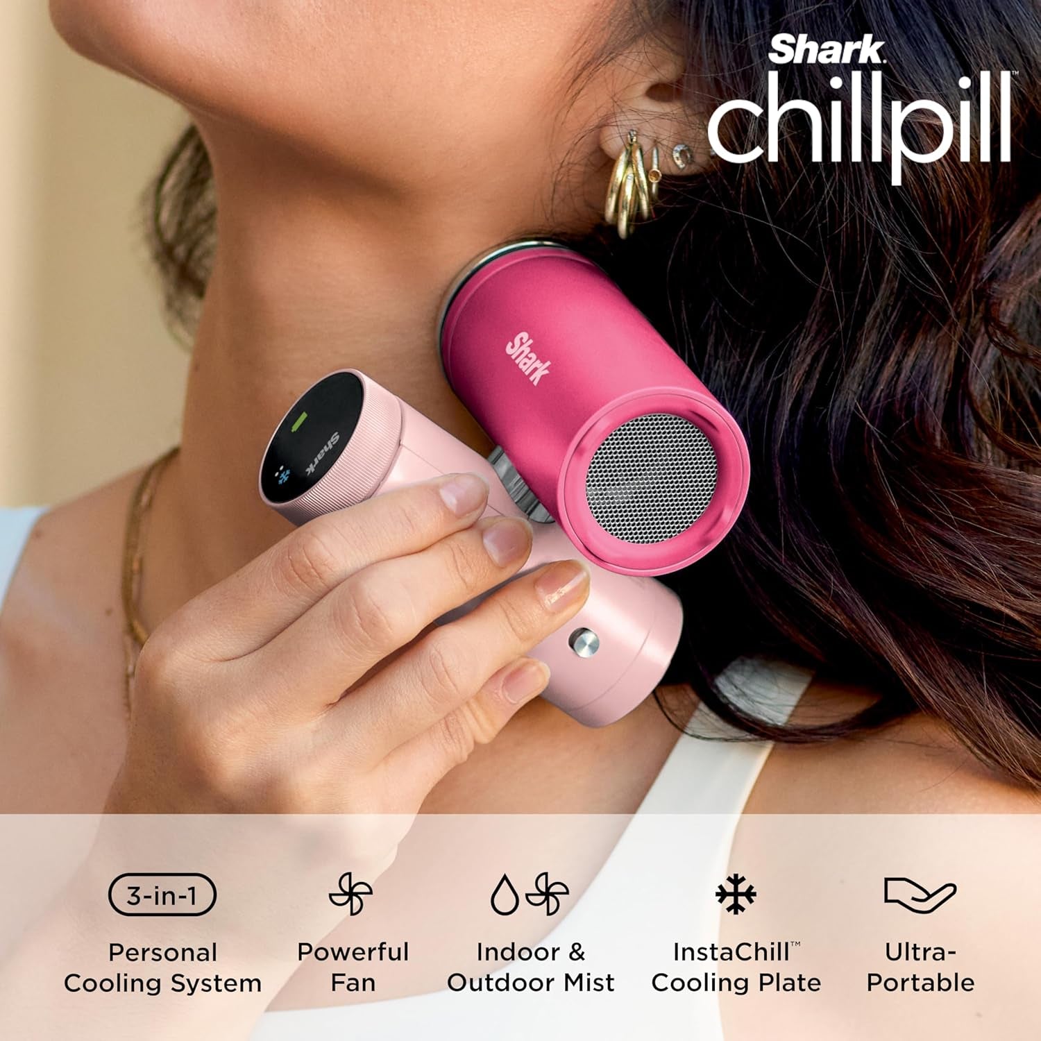 Shark Chillpill – the Only 3-In-1 Personal Cooling System with Fan, Instachill Cooling Plate & Dry-Touch Mist – Portable, Handheld, Drops Skin Temp up to 16°F, 10 Speeds, Iced Latte, FA022BR