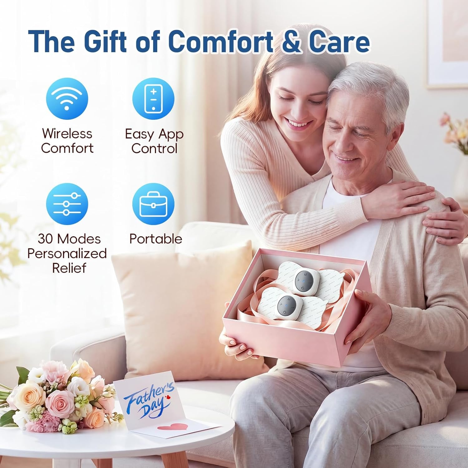 Wireless TENS Unit Machine for Pain Relief, FSA Eligible TENS Unit Muscle Stimulator with 2 Sets, 30 Modes HSA TENS Device for Back, Rechargeable Portable with APP Control, Fathers Day Gift