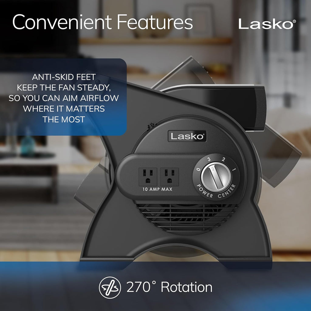Lasko High Velocity Portable Utility Fan - Adjustable Air Mover Blower Fan for Bedroom, Office Desk, Garage, and Home - with 2 Outlets 120V - 3 Speeds - U12104 - 12" Tall - Black