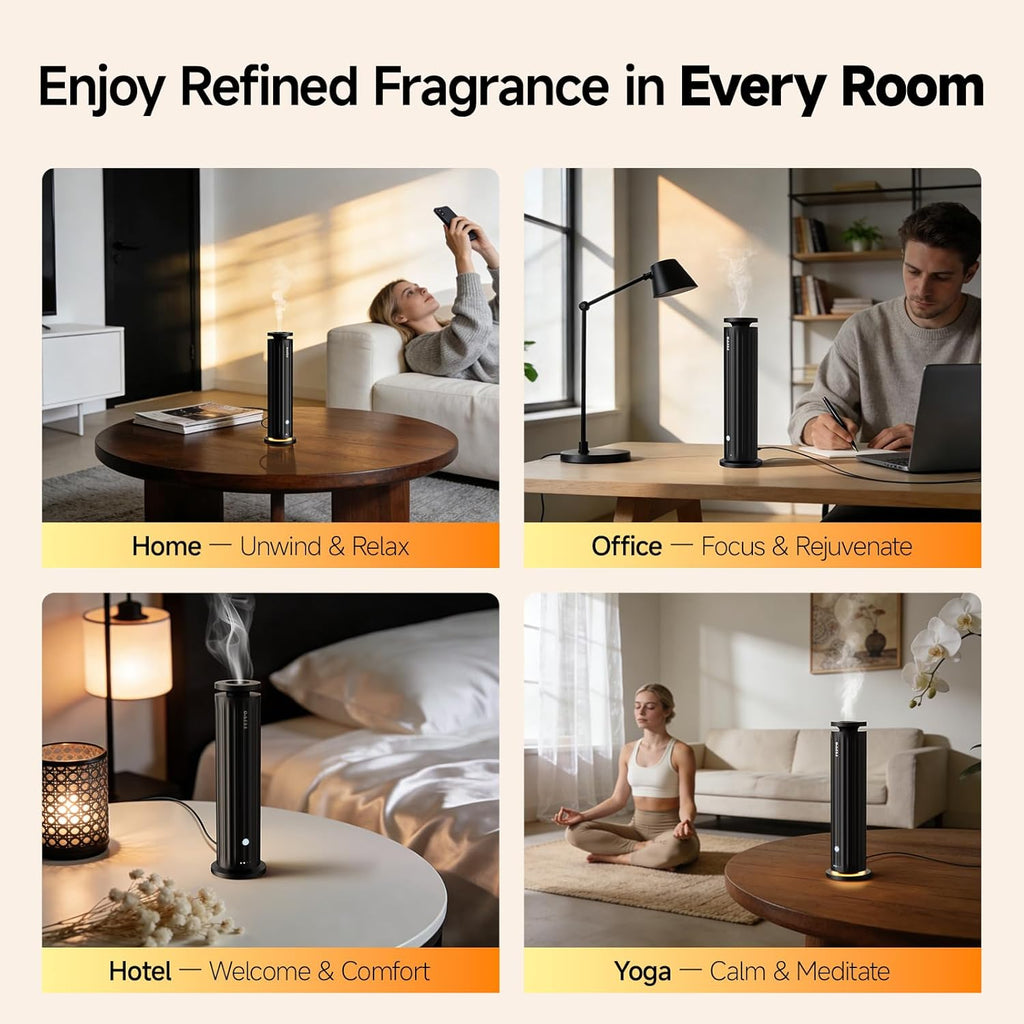 Waterless Diffuser – Diffuser for Home, Hotel, Office | Essential Oil Diffuser Starter Kit with 5×20Ml Hotel Scent Oils, 6 Scent Levels, 4 Timer Modes, Quiet Diffuser, 1000+ Sq Ft