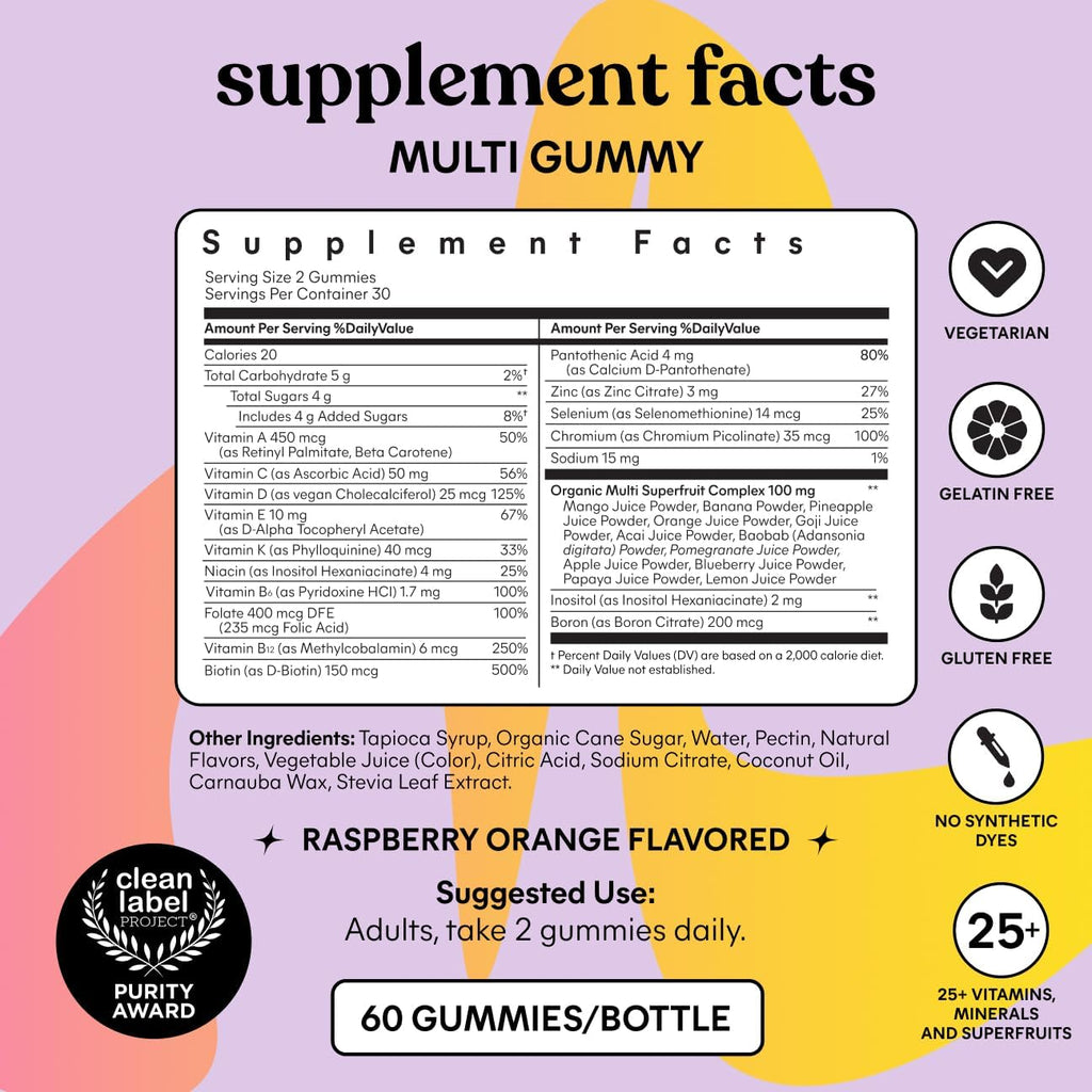 Women'S Multivitamin Gummies, Daily Nutritional Support with Vitamins A, C, D, E, Biotin, Folic Acid, Zinc & Inositol, Bone, Brain, Skin & Immune Health, Raspberry Orange, 30-Day Supply
